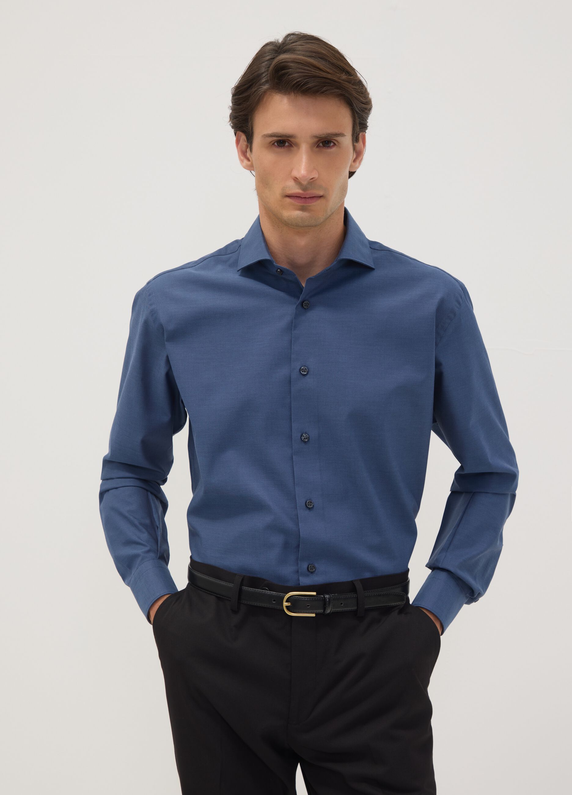 Blue pure cotton shirt with French collar, regular fit, easy iron