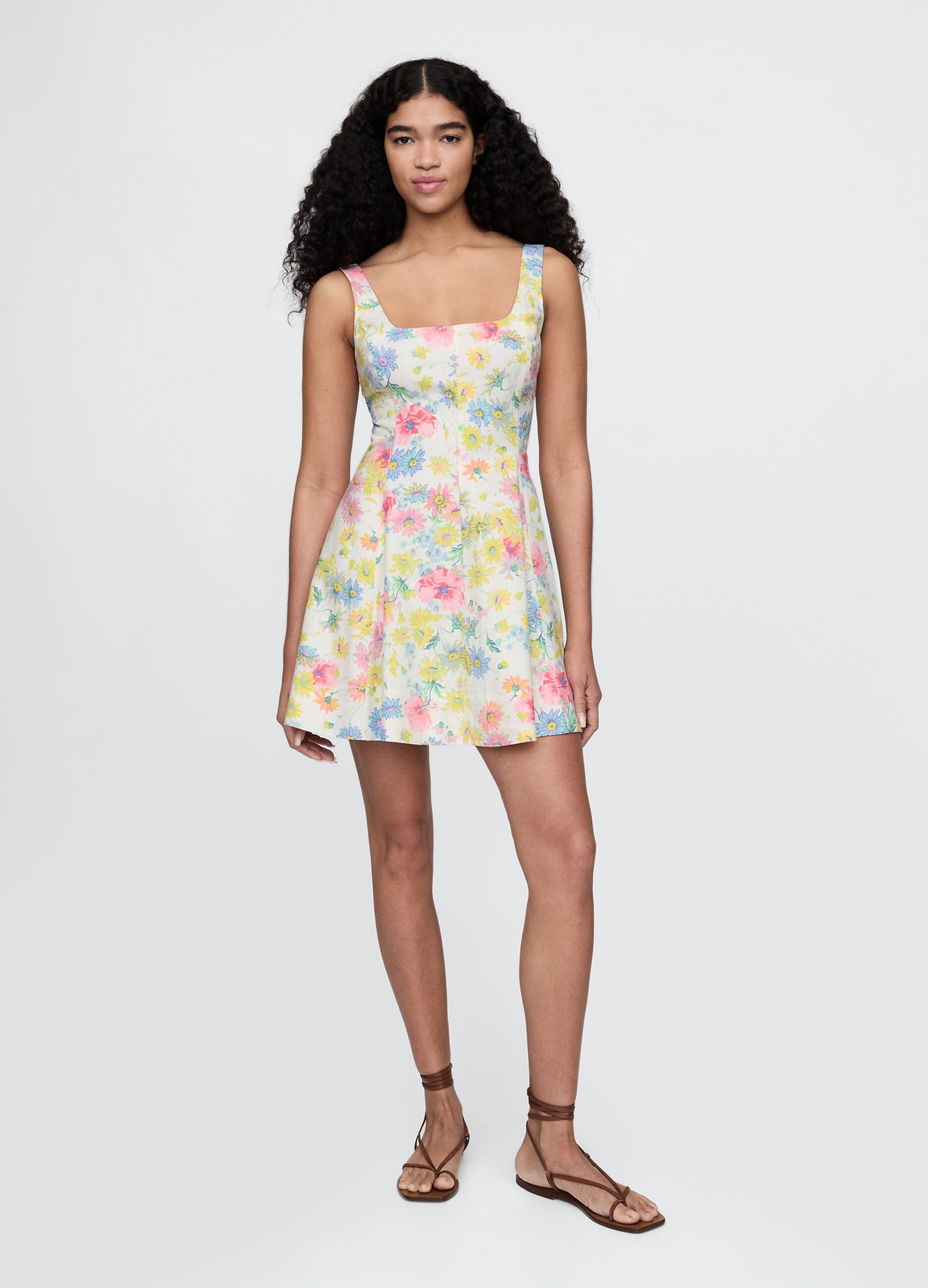 Multicolour floral short dress in linen and viscose