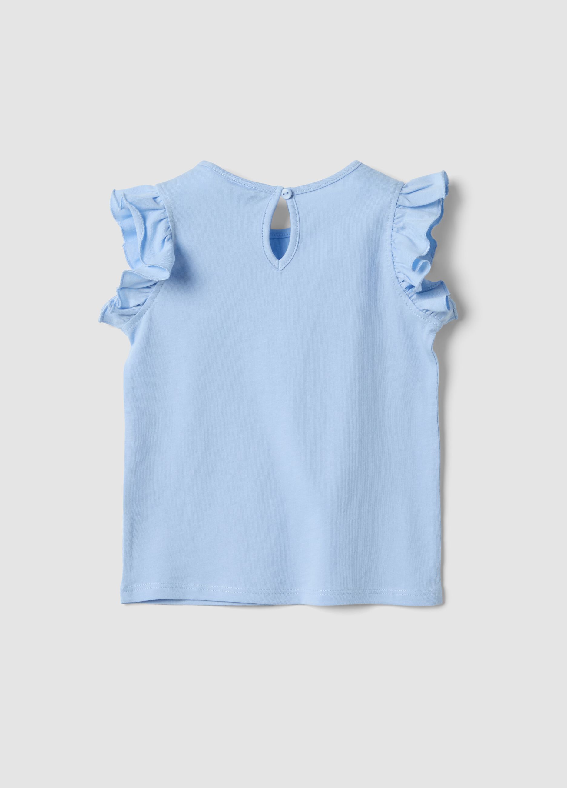 Sky-blue organic cotton tank top for baby girls with print and frills