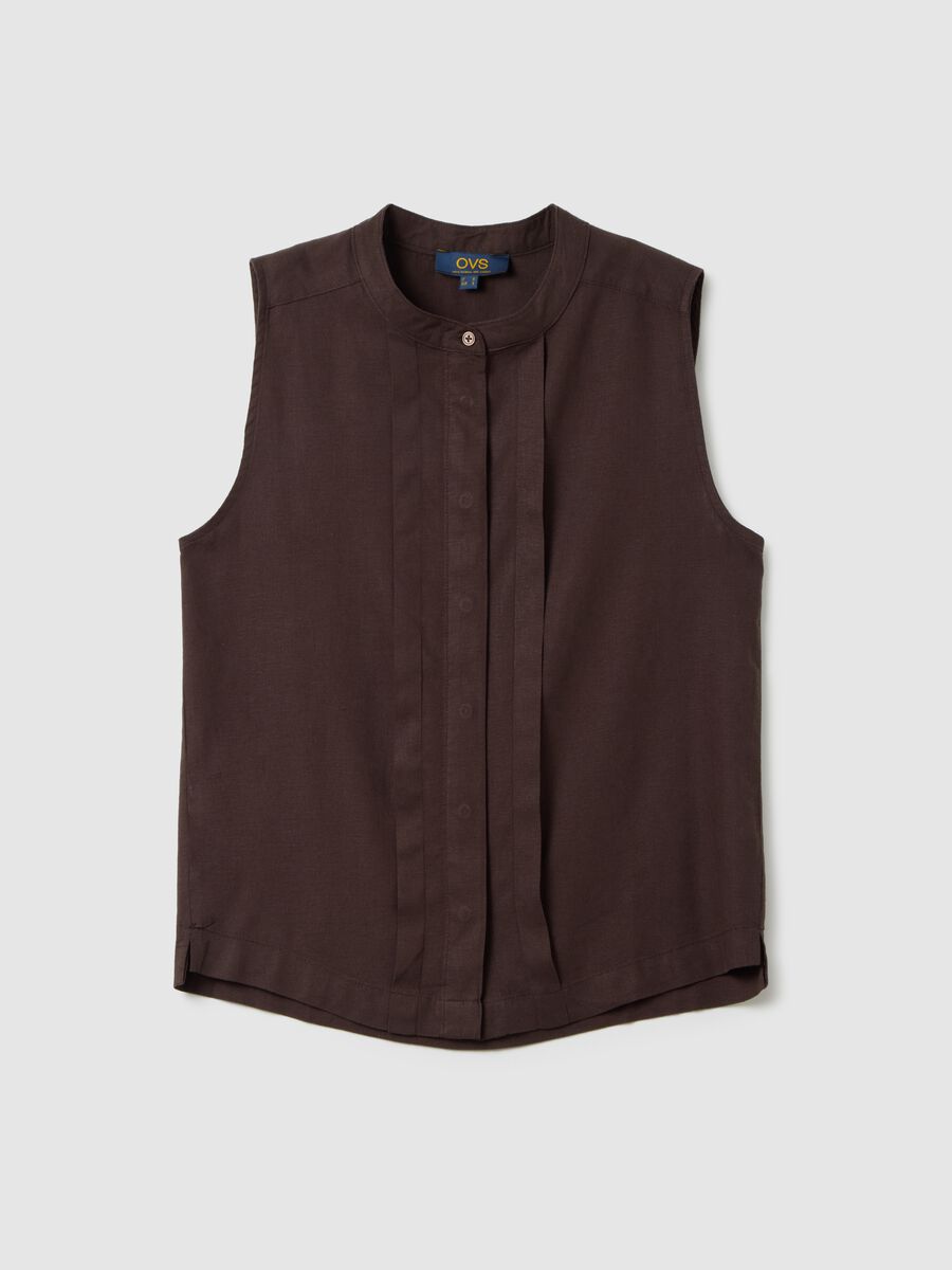 Women's Sleeveless Brown Linen Shirt Regular Fit_0