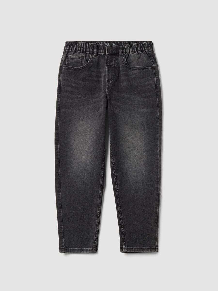 Jeans neri in cotone elasticizzato con vita elastica per ragazzo_0
