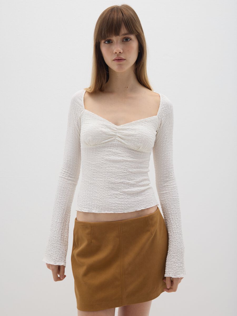 White long sleeve regular fit t-shirt with square neckline_0