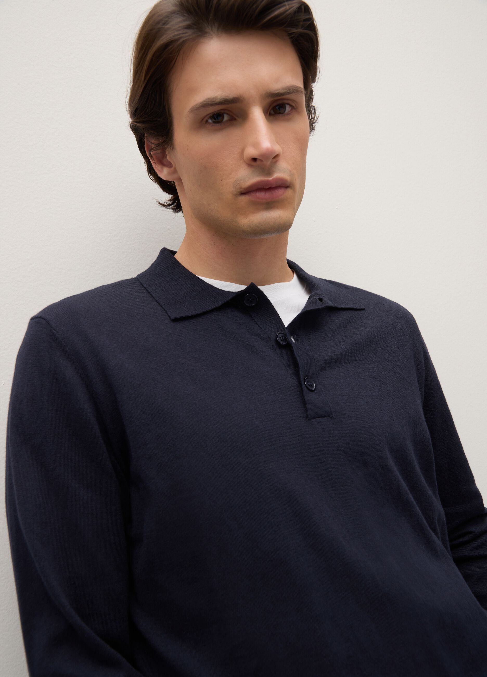 Long sleeve blue polo in cotton and cashmere