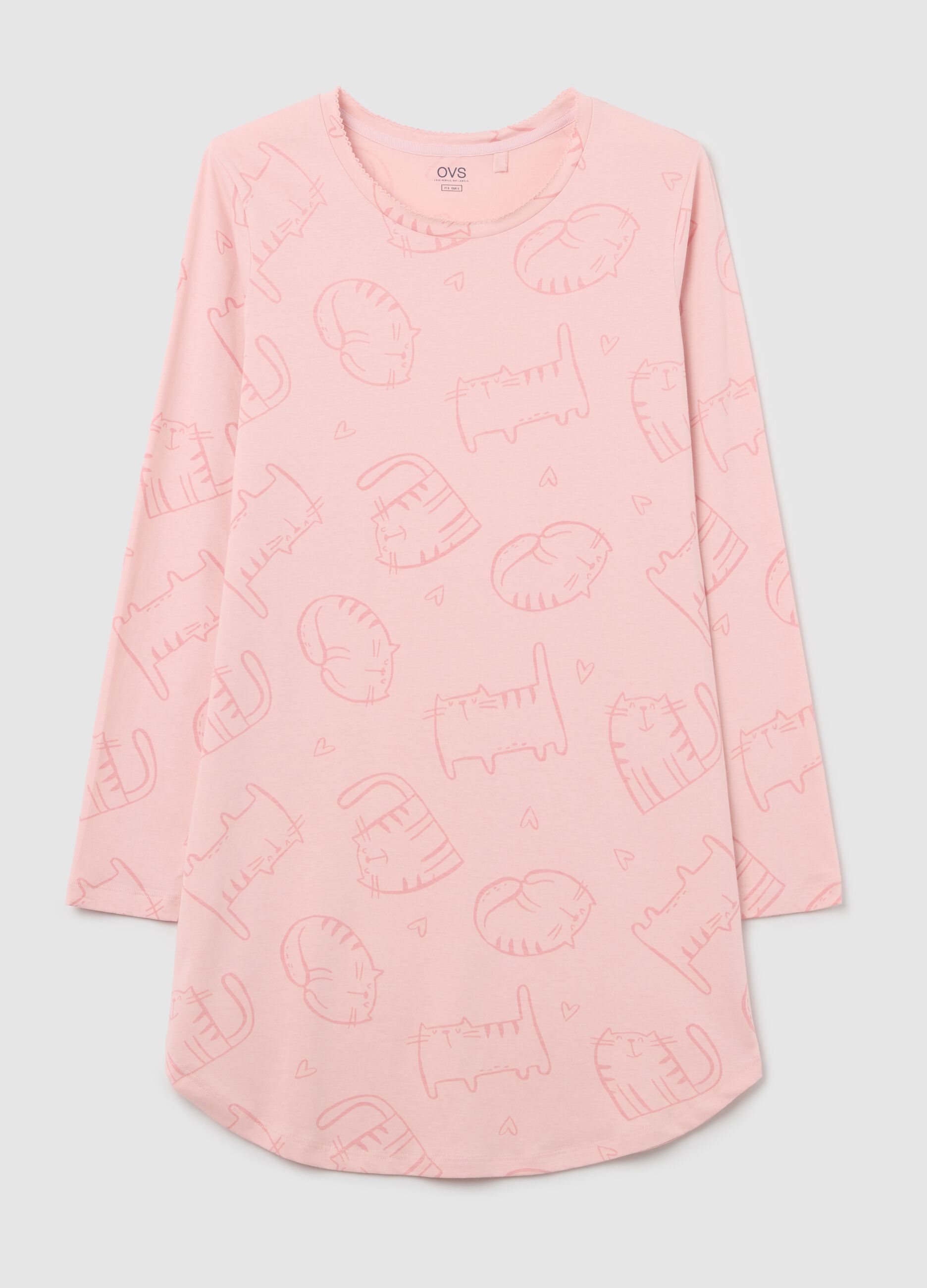 Pink cotton nightgown with cats print
