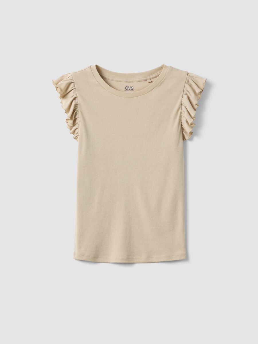 Beige slim fit pure cotton t-shirt with ruffles_4