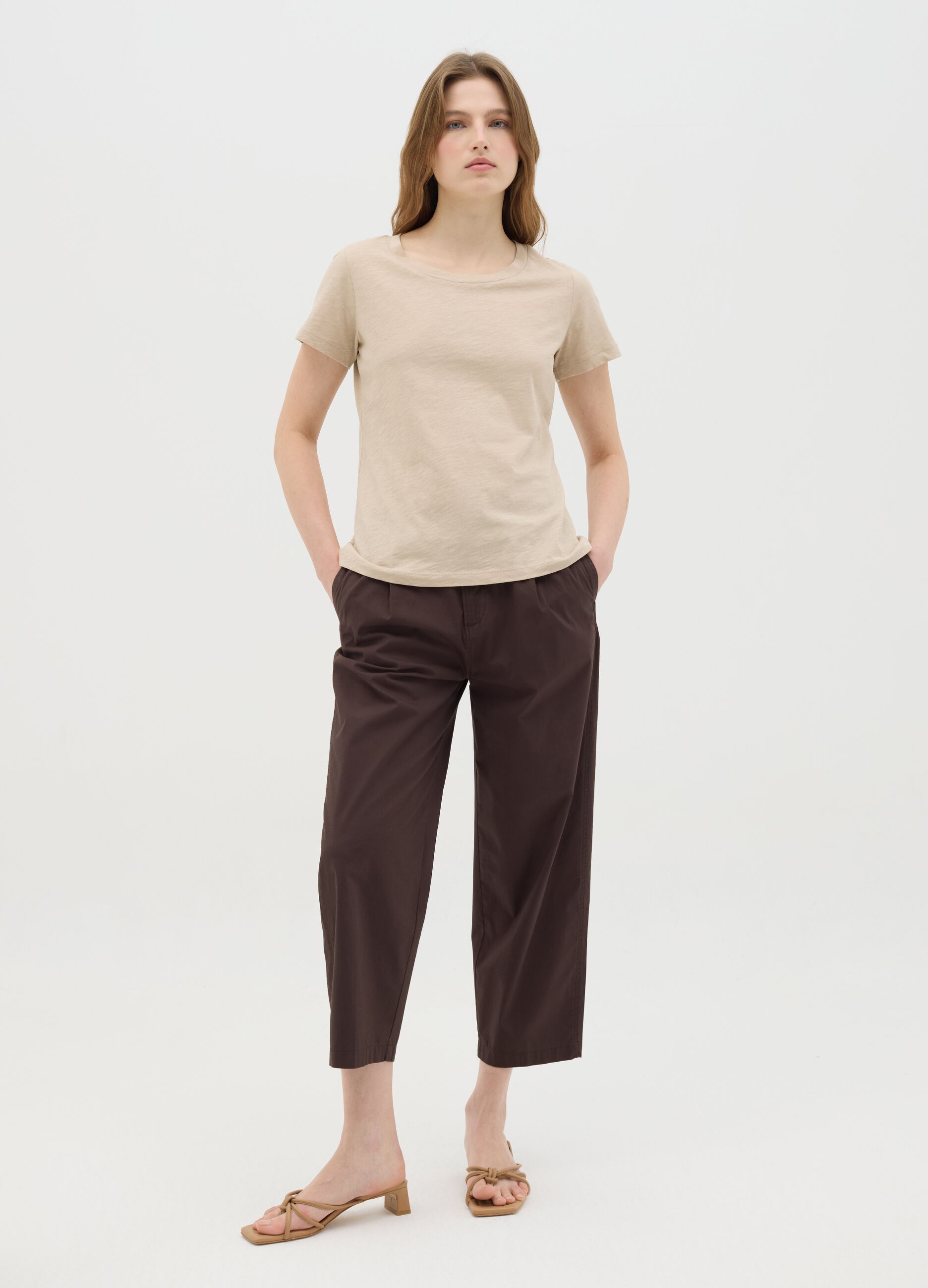 Beige Crew Neck Organic Cotton T-shirt