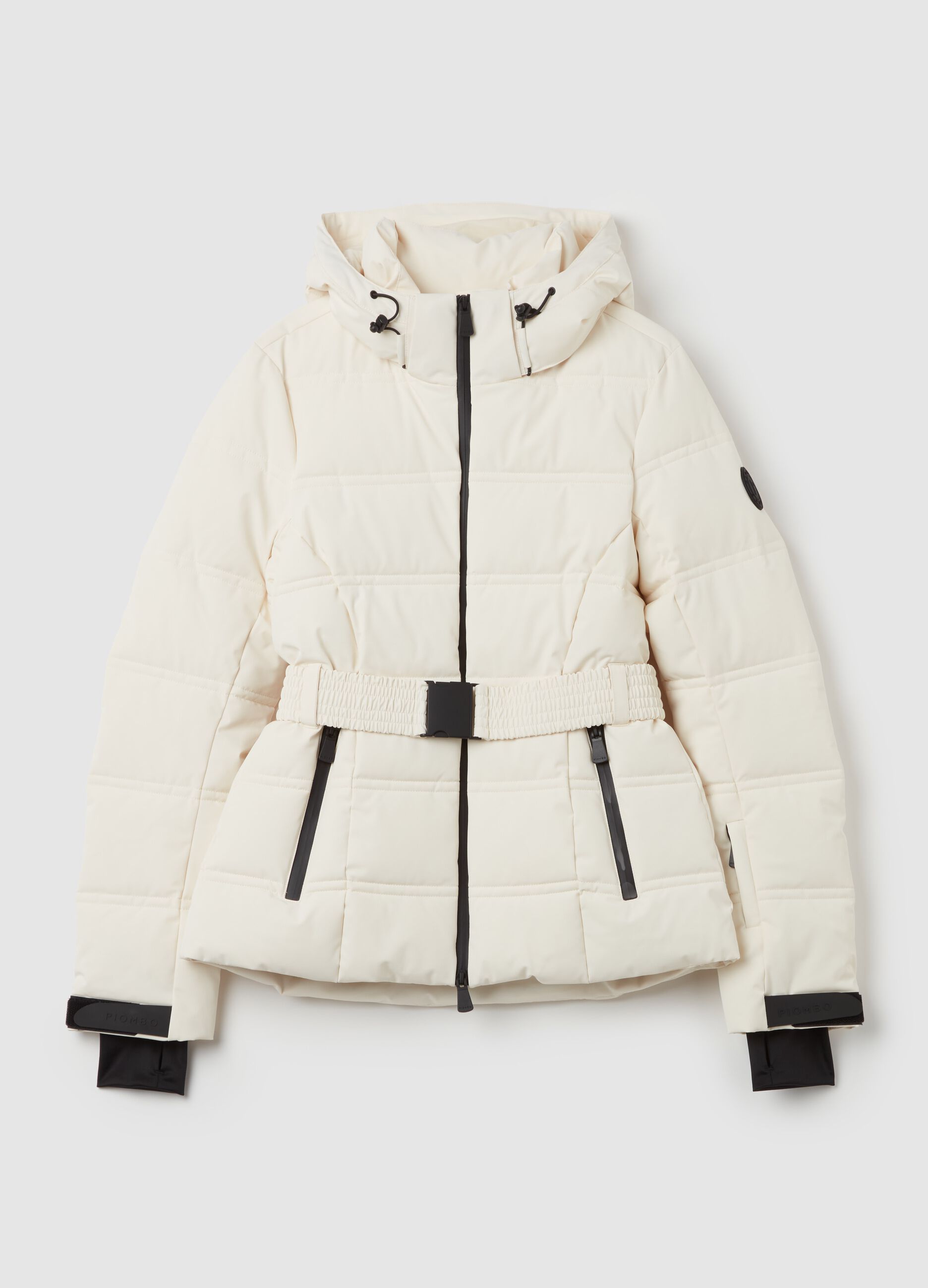 Quilted down jacket with belt
