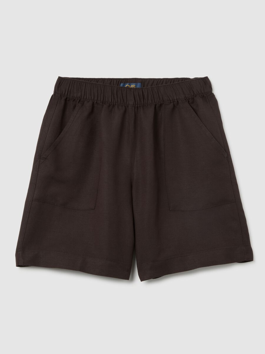 Women's regular fit brown linen blend shorts_0