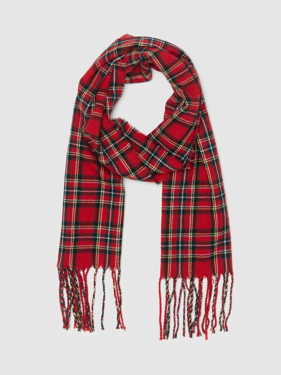 Multicoloured checkered red scarf for children with fringes_0