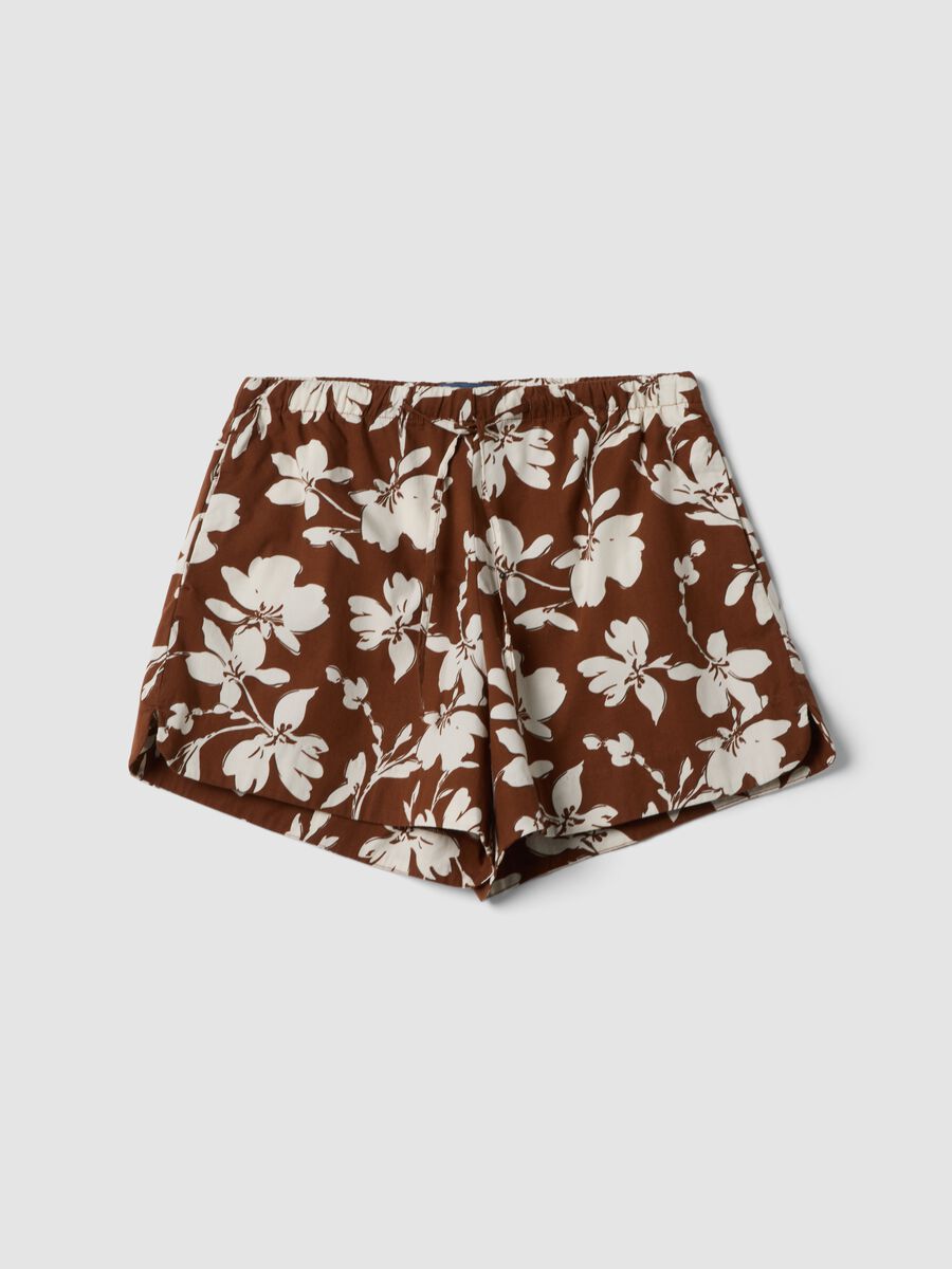 Shorts marroni e bianchi a fiori in cotone elasticizzato regular fit_0
