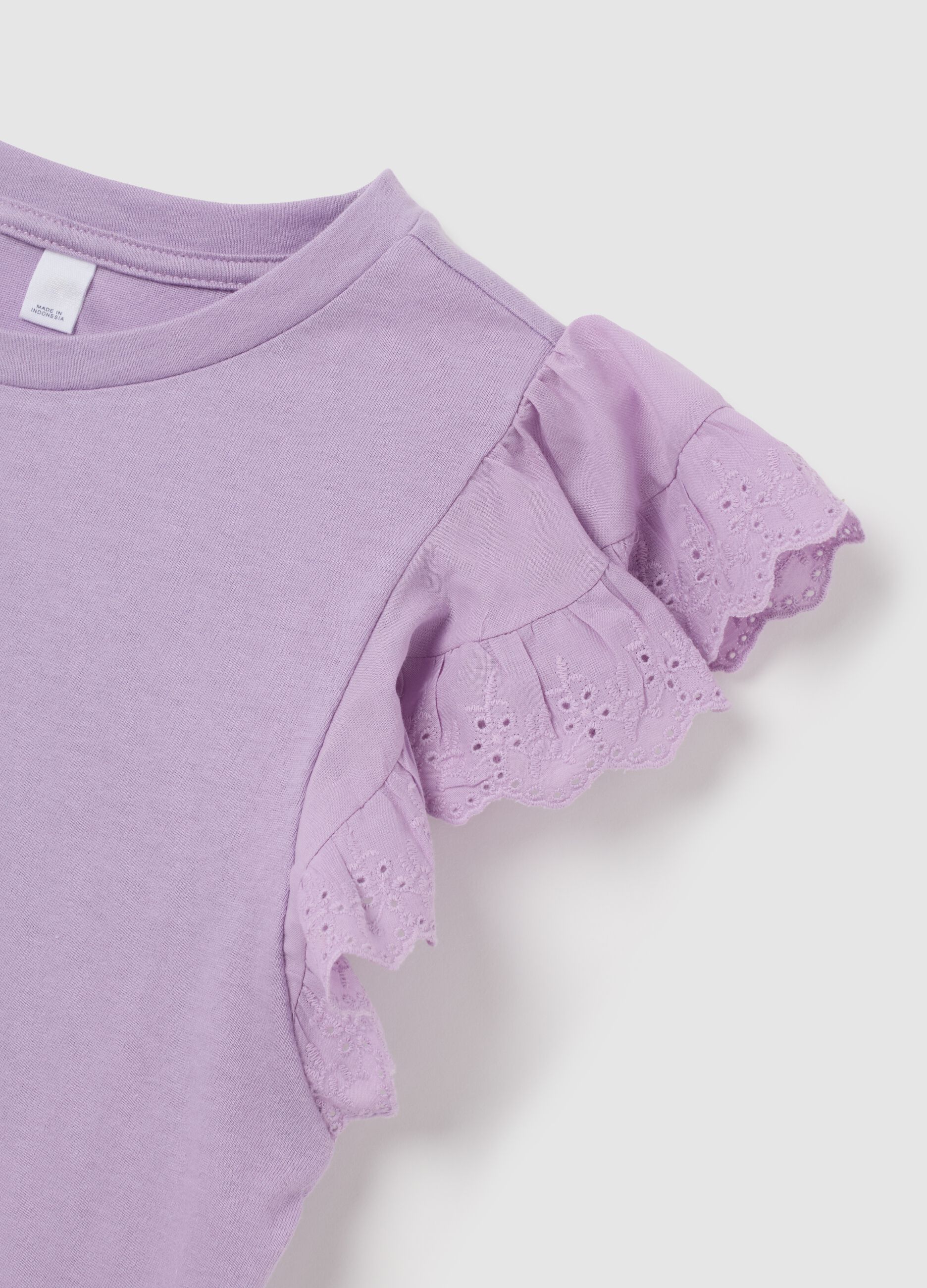 Cotton T-shirt with broderie anglaise flounces