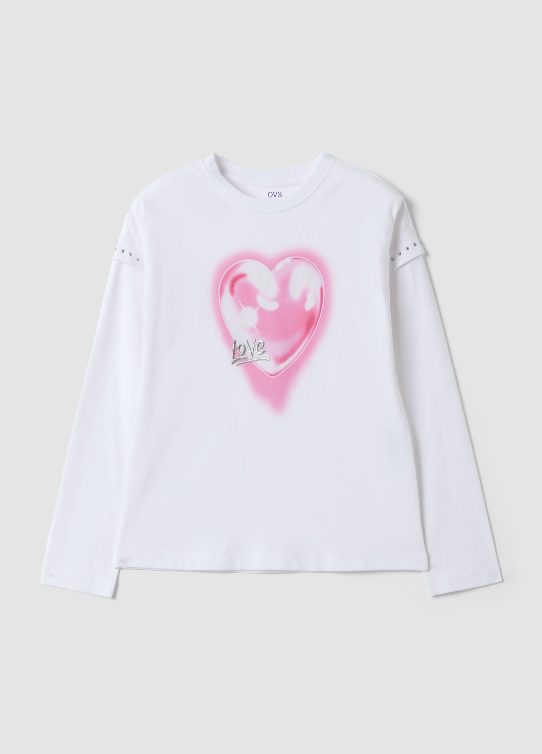 White pure cotton crew-neck T-shirt with heart print for girls