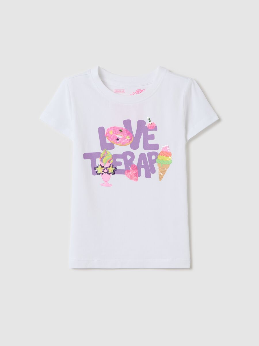 White stretch cotton T-shirt with print_0