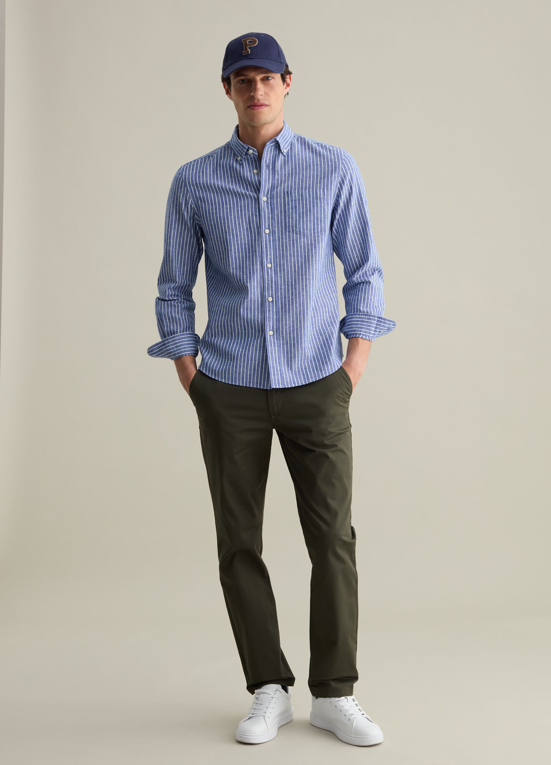 Striped regular-fit shirt in cotton and linen