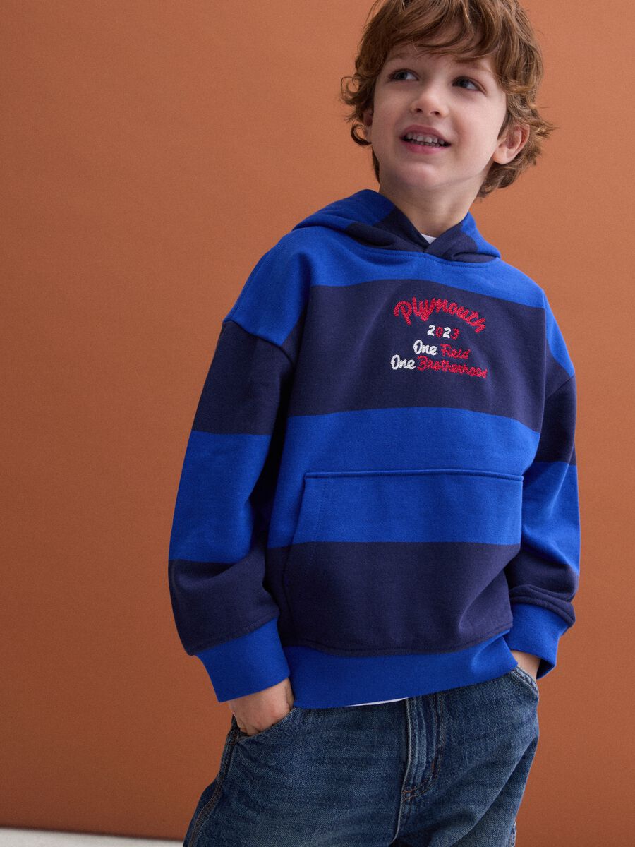 Felpa blu navy con cappuccio in puro cotone over fit a righe_0
