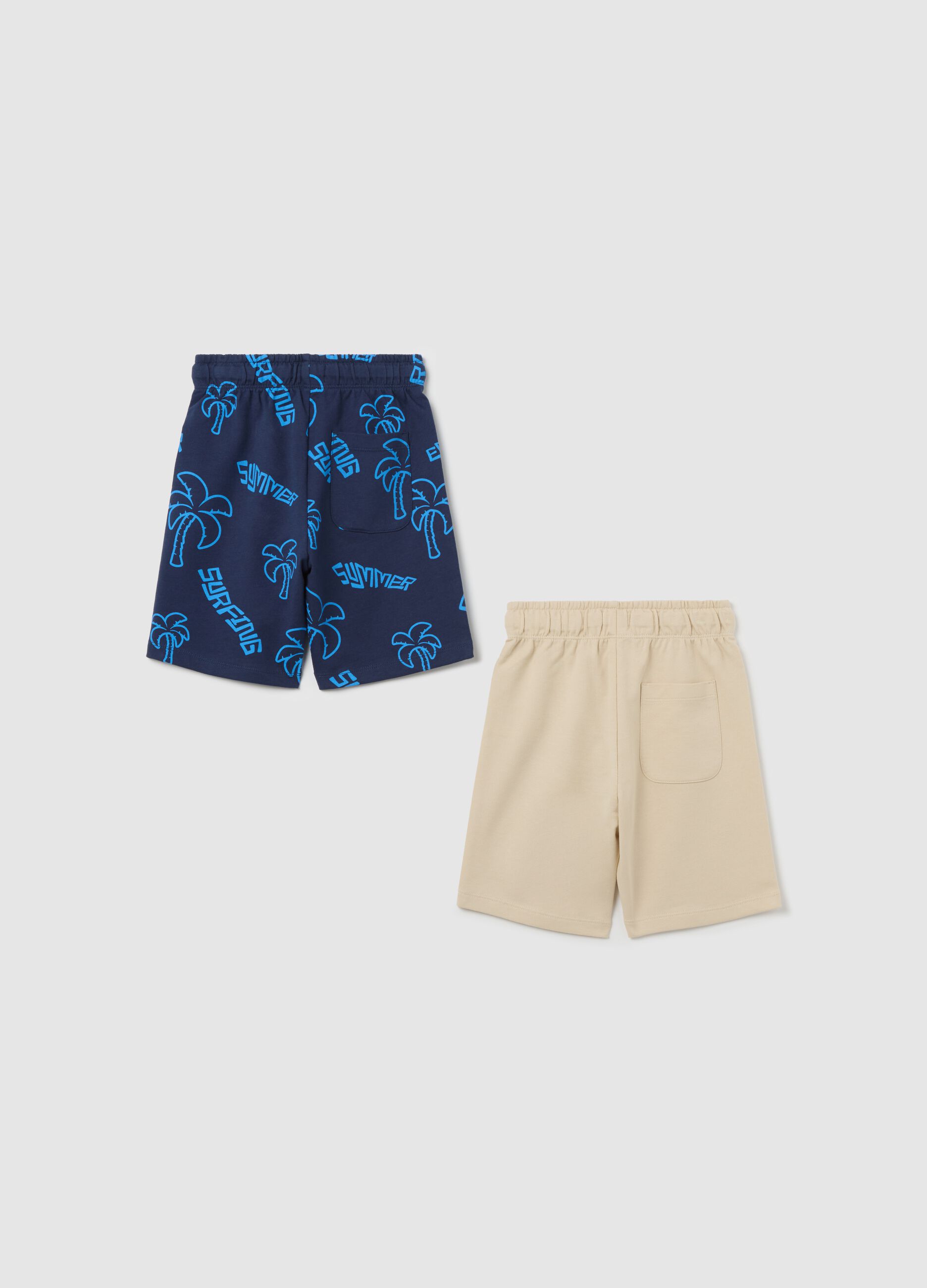 Two-pack blue and beige shorts in cotton with drawstring