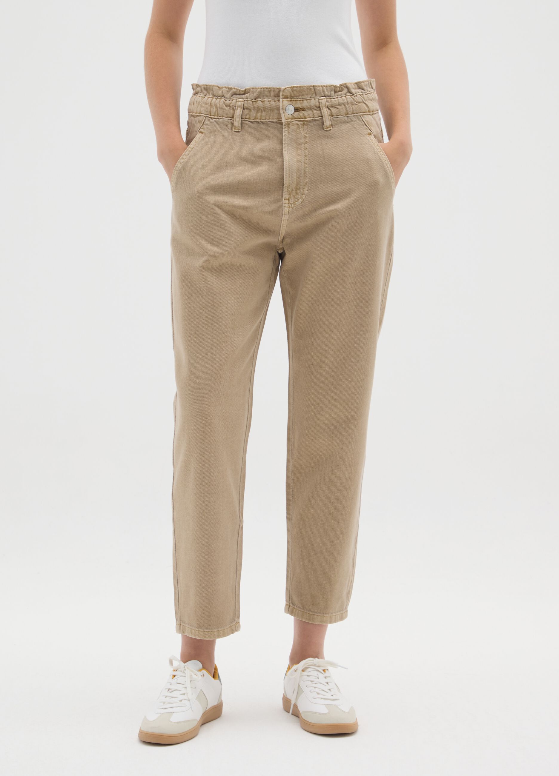 Beige Slouchy Denim Trousers in Pure Cotton