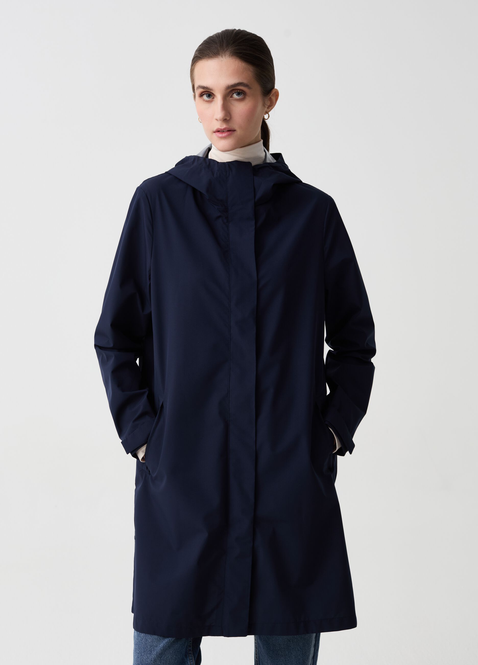 Long full-zip waterproof jacket with hood