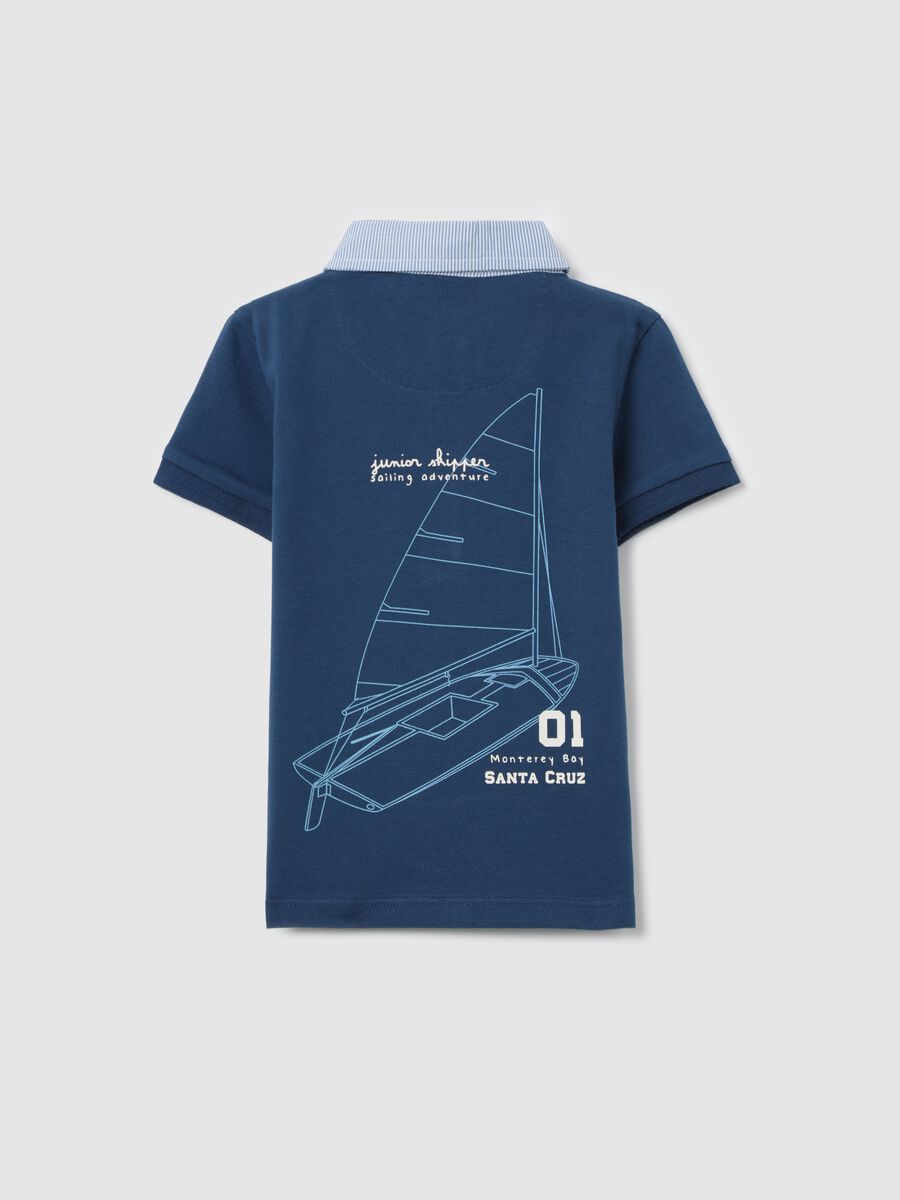 Blue stretch cotton polo shirt with sail boat design_1