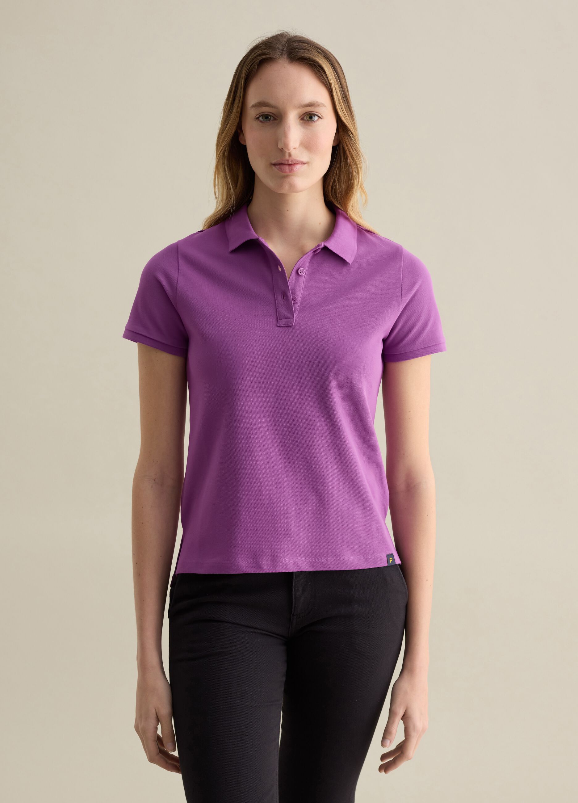 Purple short-sleeved polo shirt in piquet