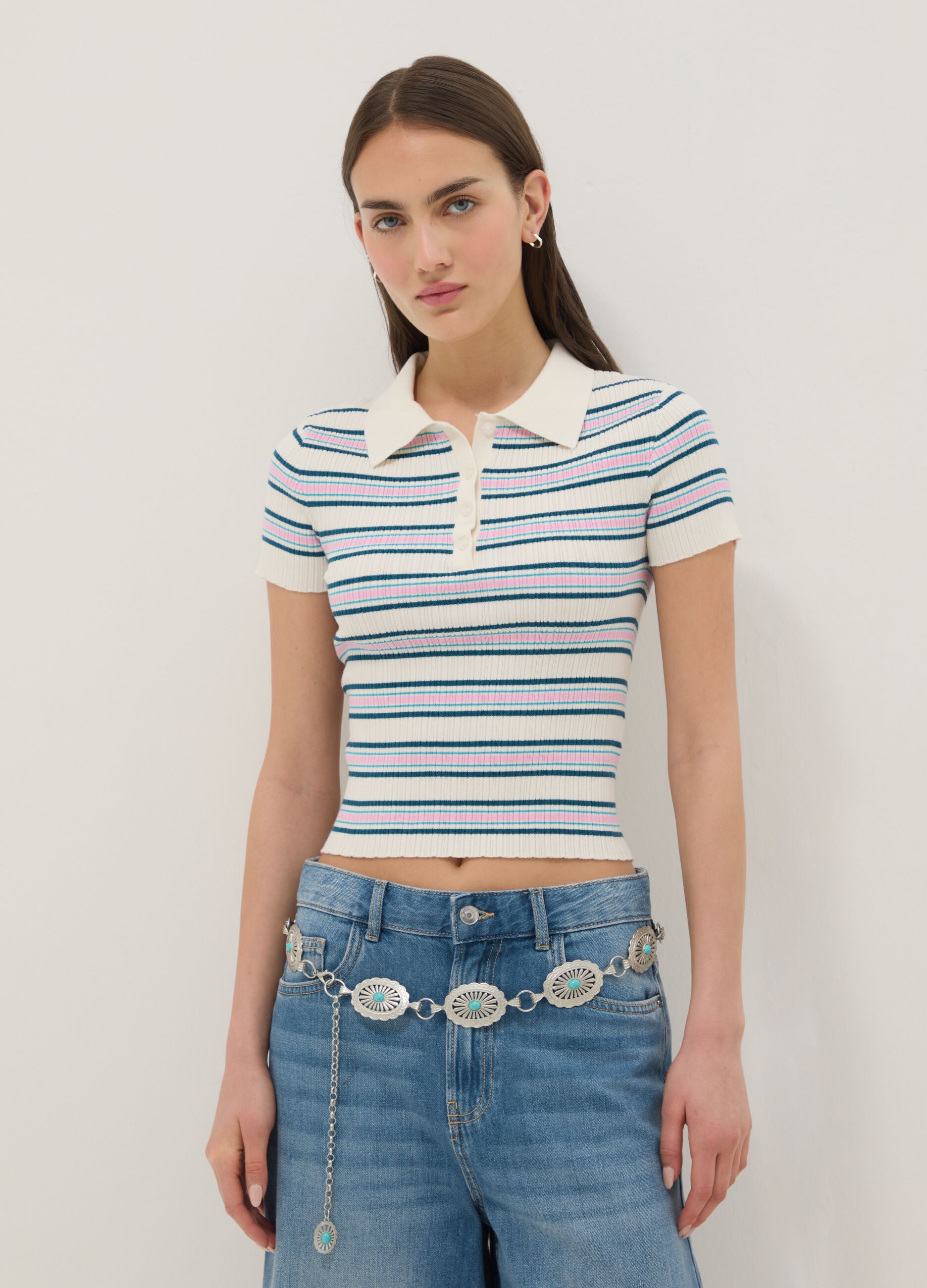Fitted sweater in viscose blend with multicoloured stripes and polo collar