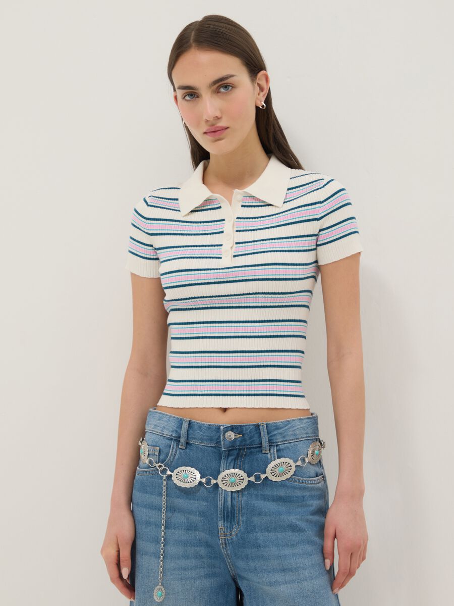 Maglione fitted in misto viscosa a righe multicolor con collo polo_1