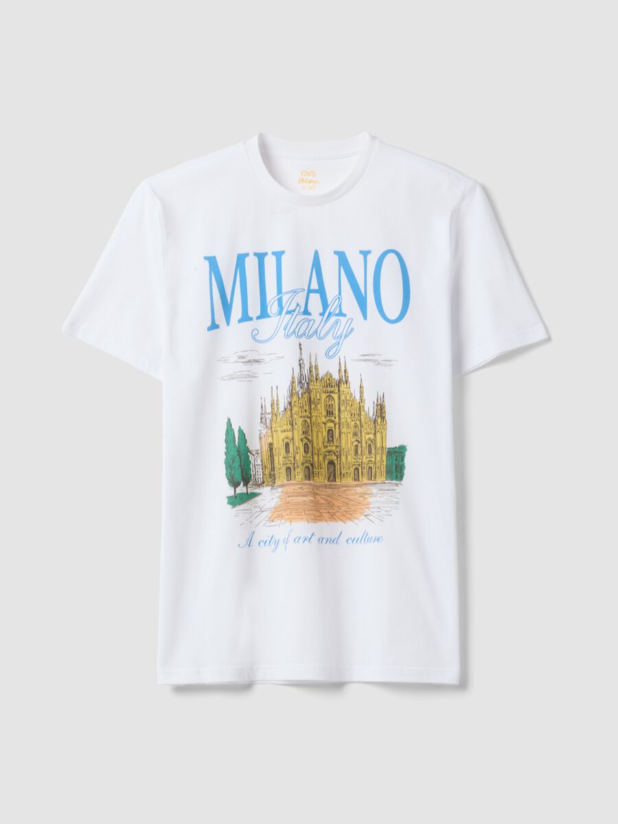 White pure cotton T-shirt with front print, regular fit_4