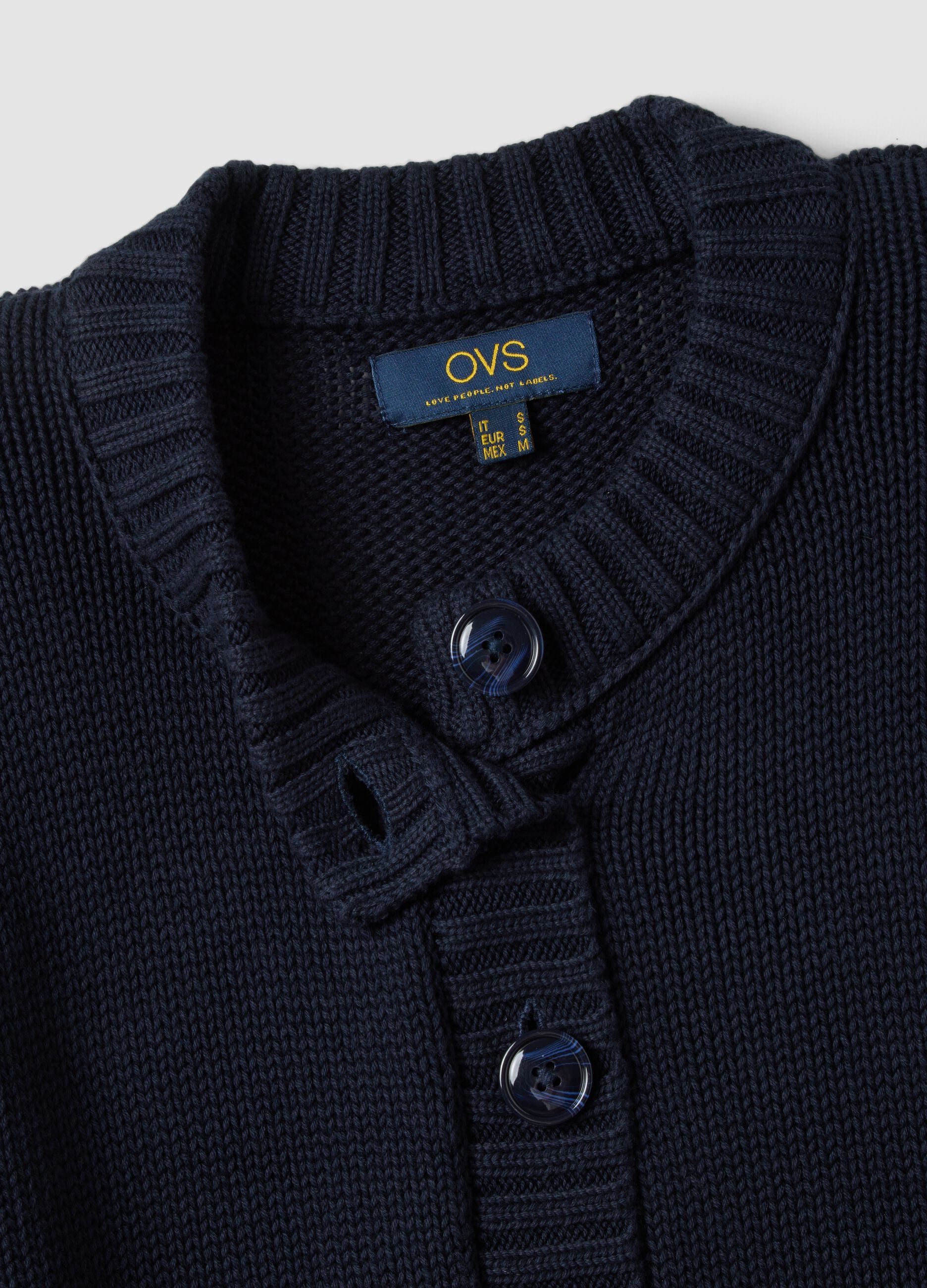 Navy pure cotton crew-neck cardigan with buttons, regular fit