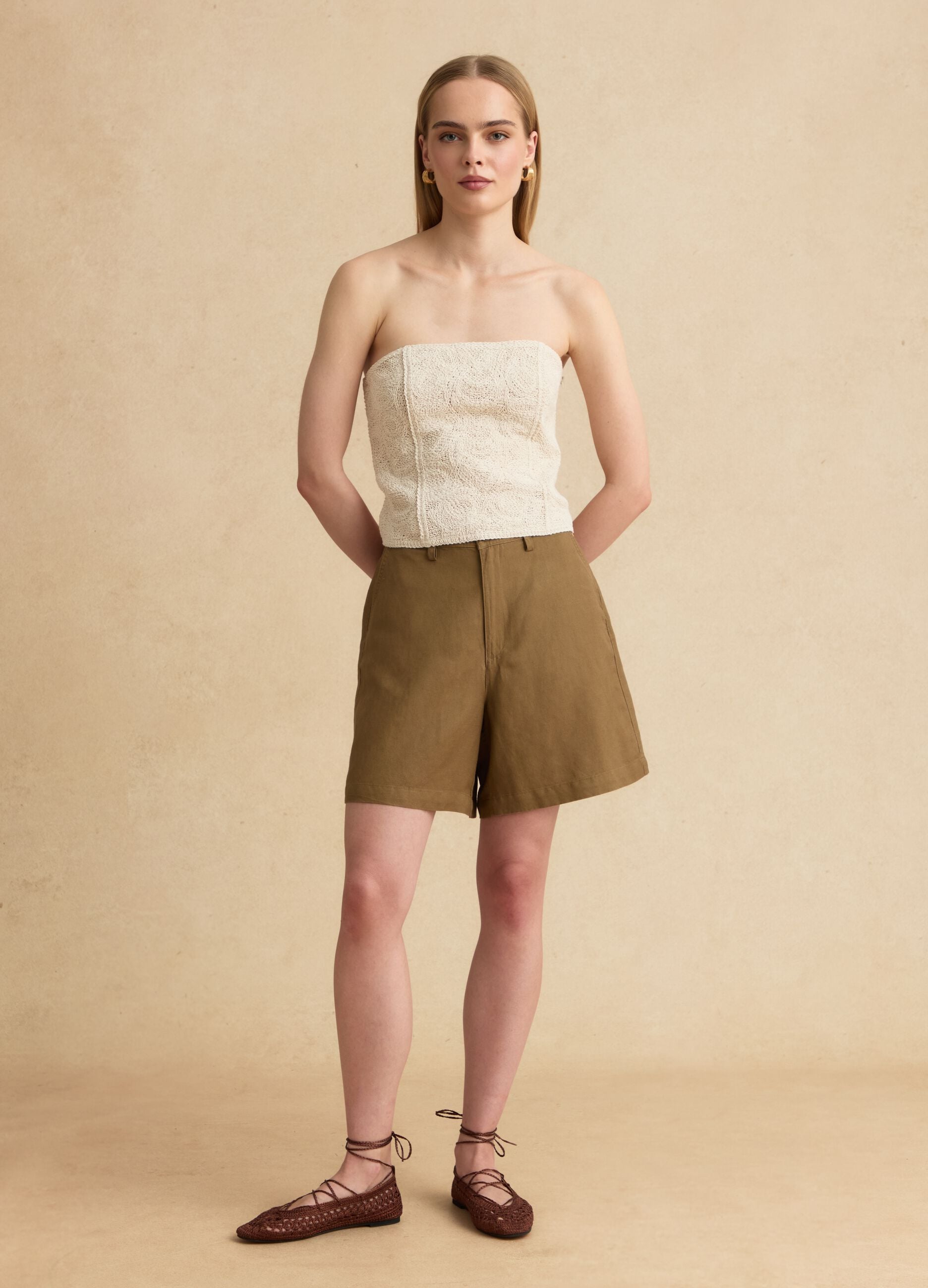 Beige strapless cotton-blend top, regular fit with textured knit