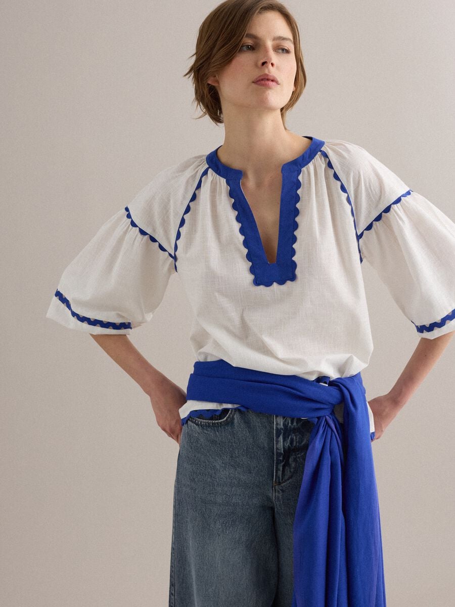White pure cotton blouse with blue piping, regular fit_0
