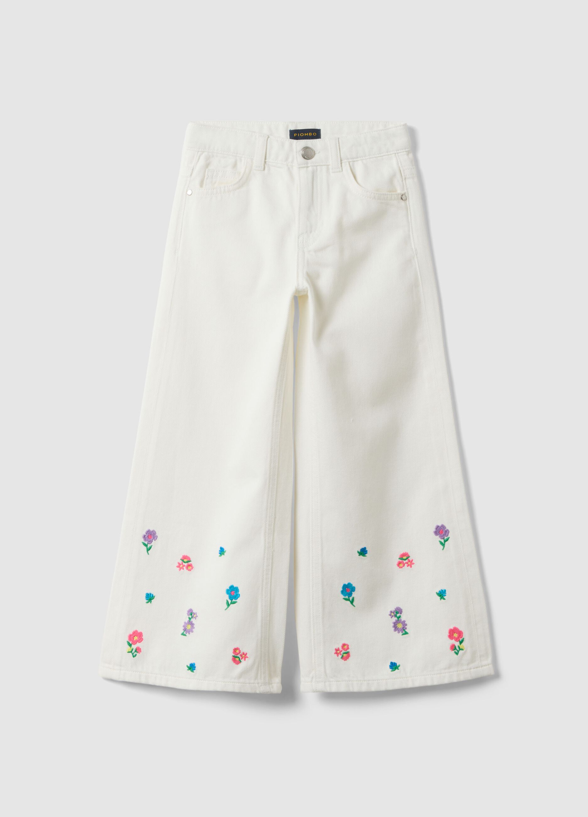 Girls' Wide Leg Pure Cotton White Trousers with Flowers