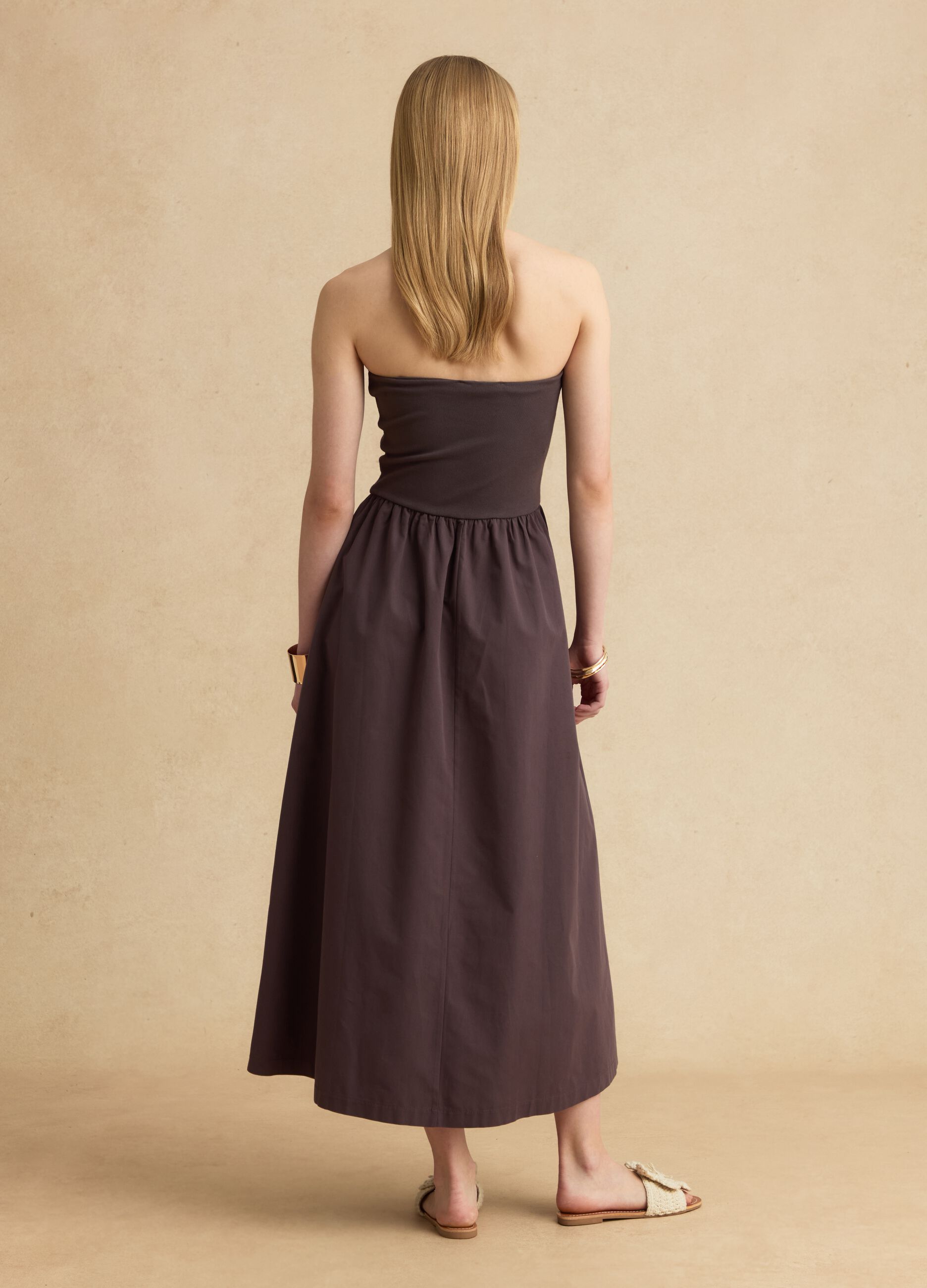 Brown maxi dress in stretch cotton, regular fit, strapless