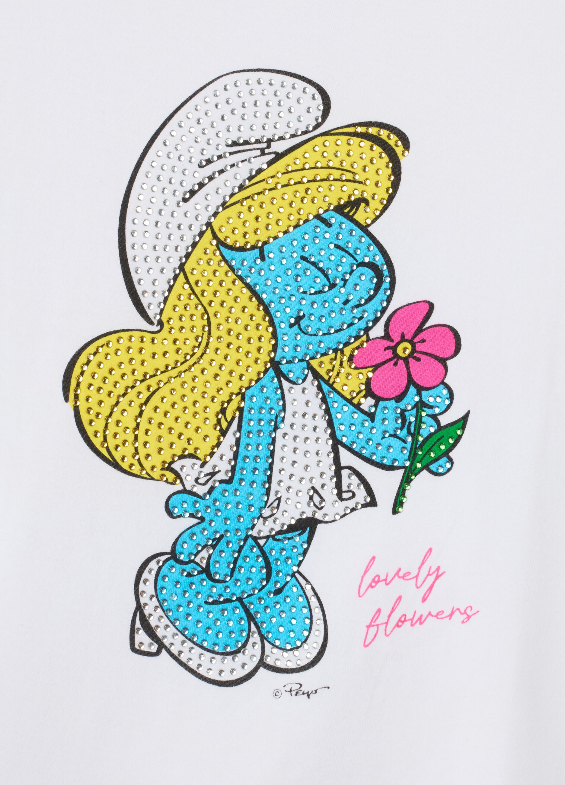 Girls' white stretch cotton T-shirt regular fit with Smurfs print