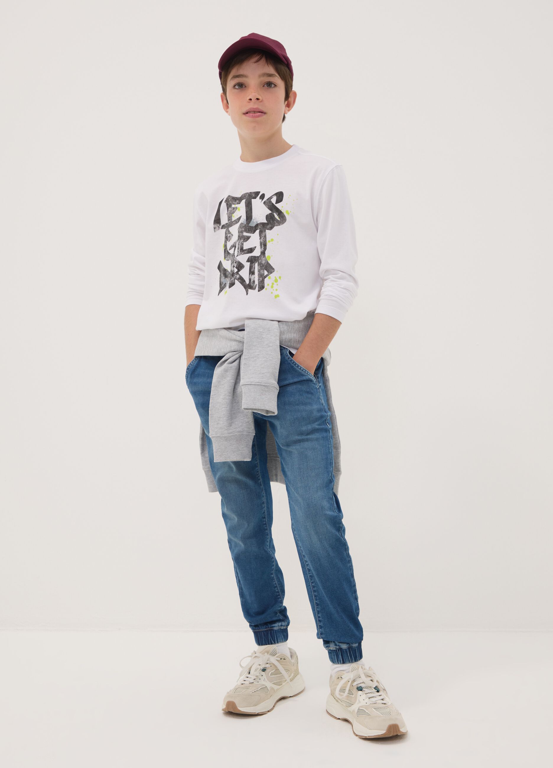 Blue stretch cotton jogger jeans with drawstring for boys