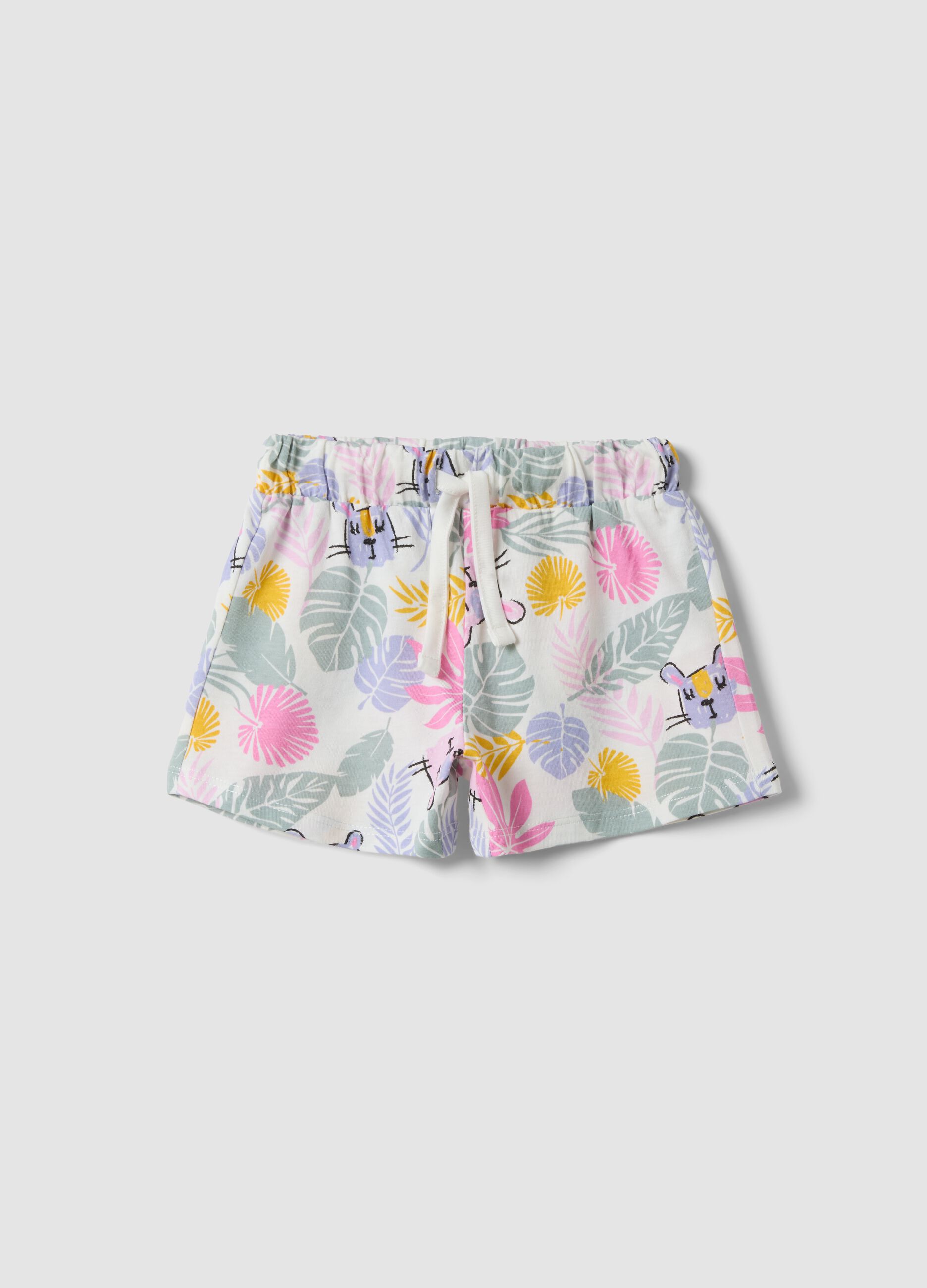 White pure organic cotton shorts with tropical print for baby girls, regular fit
