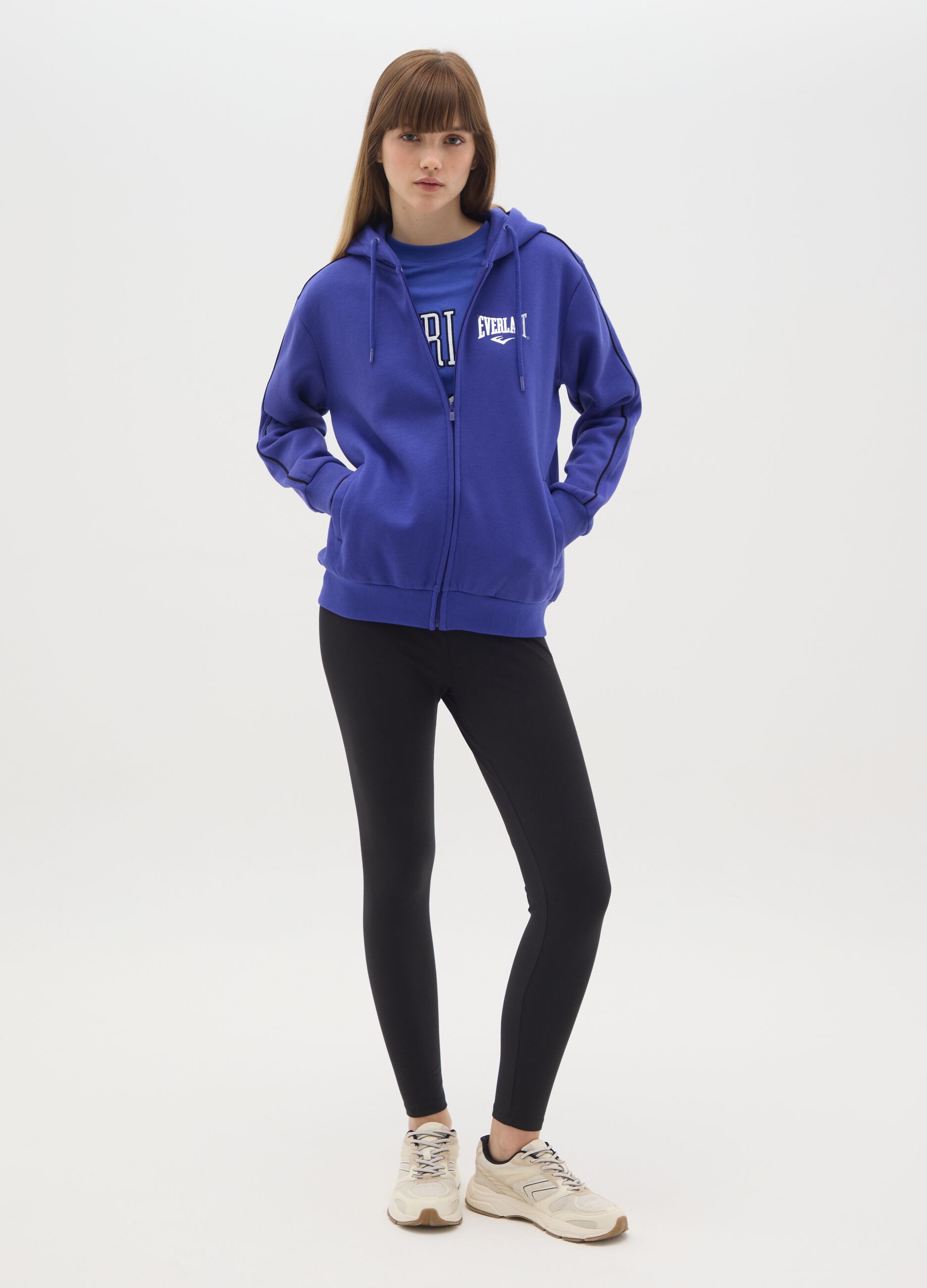 Blue cotton blend hoodie with regular fit and zip