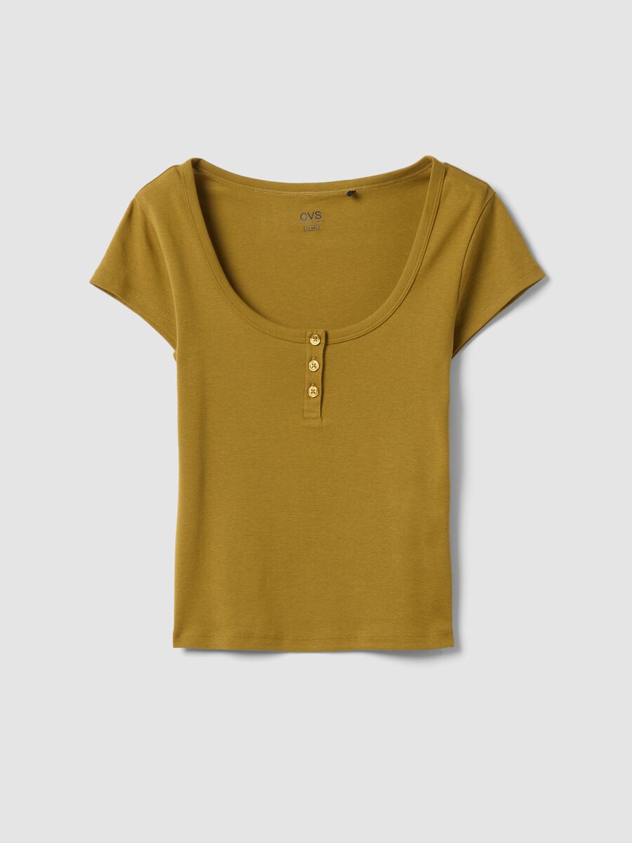 Yellow pure cotton regular fit T-shirt with deep henley neckline_4