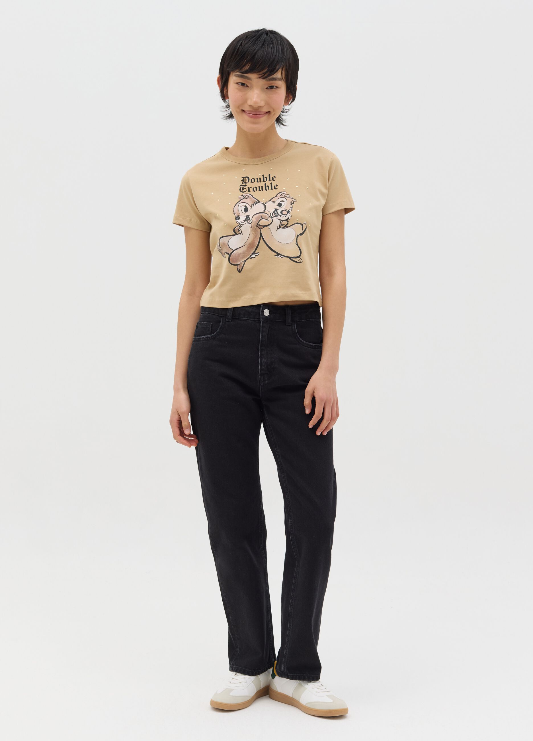 Beige T-shirt in cotton with Chip 'n' Dale print