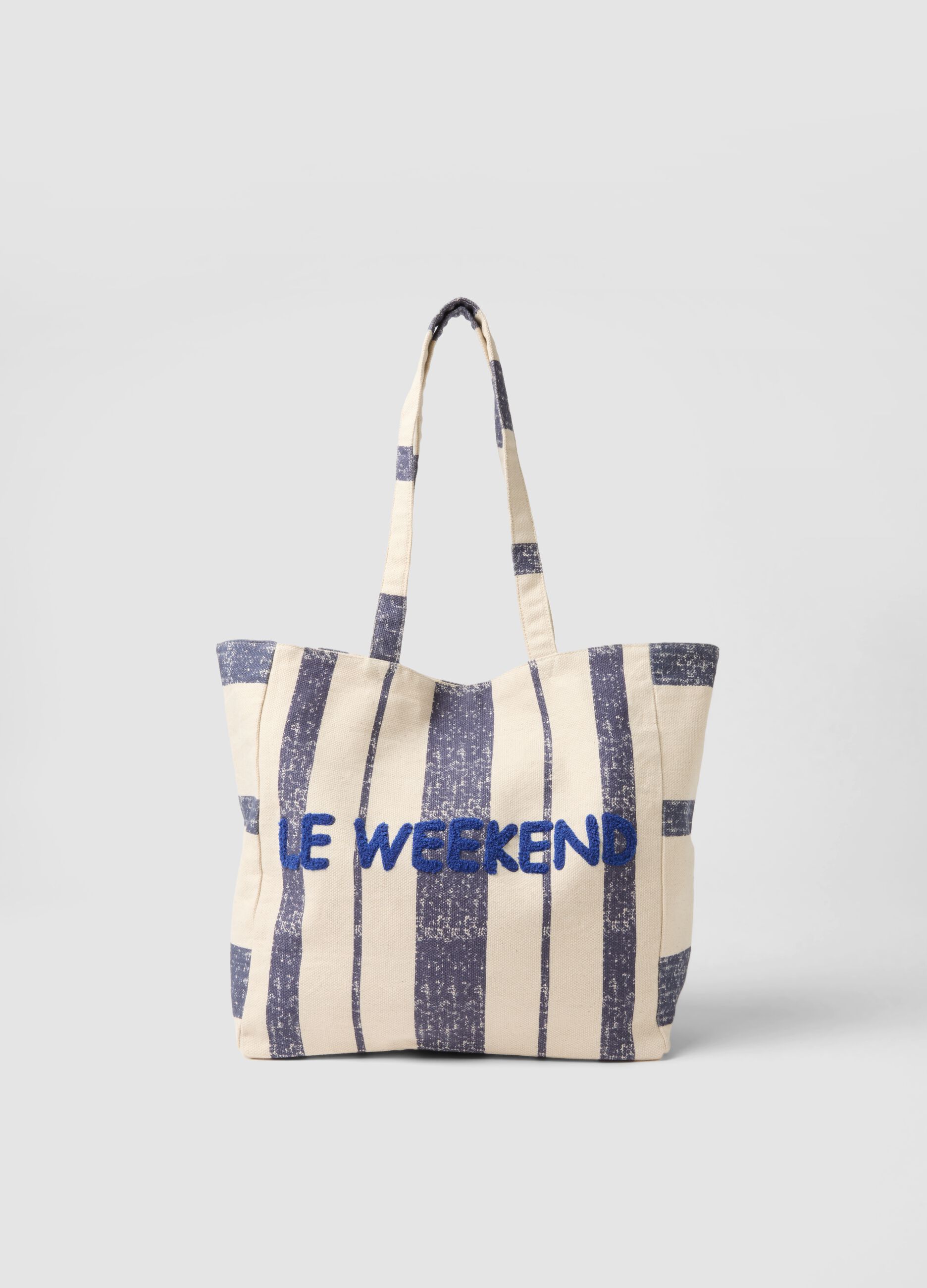 Pure cotton bag with white and blue stripes and button fastening