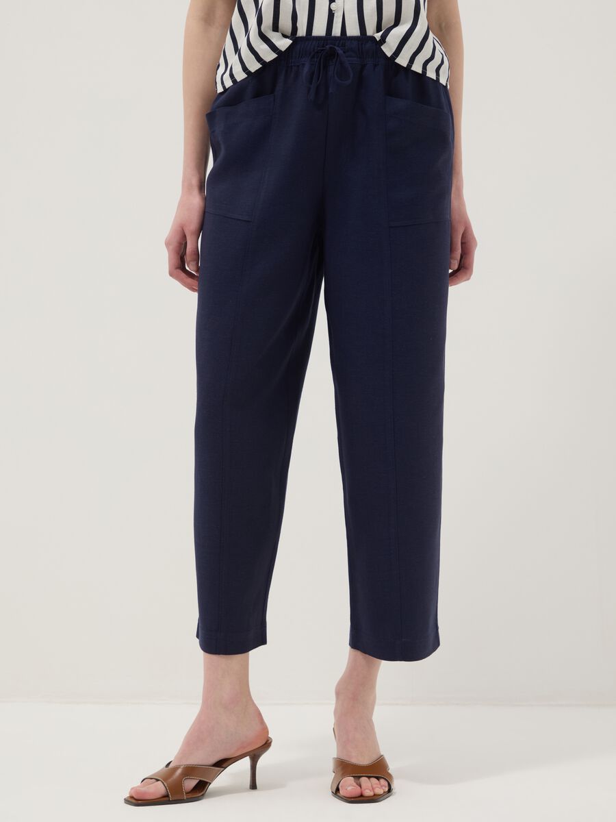 Blue viscose and linen blend straight-leg trousers with drawstring_1