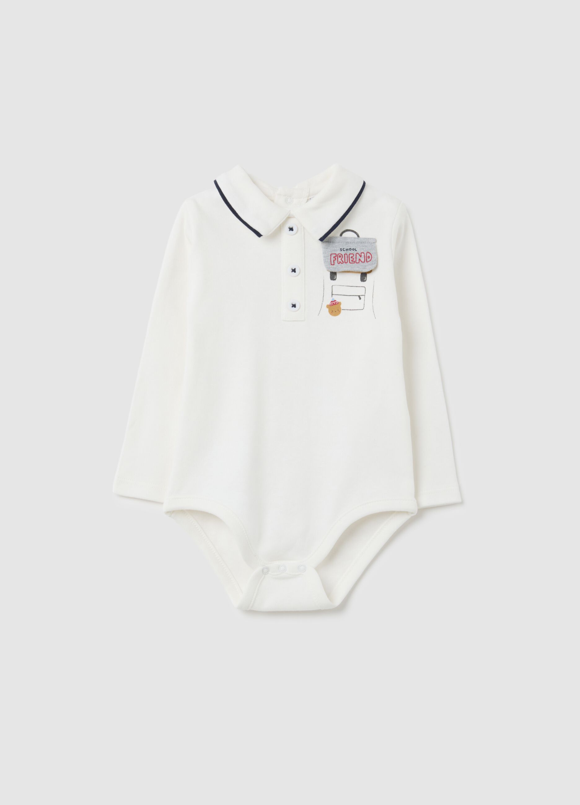 Unisex bodysuit for babies in pure white cotton with collar