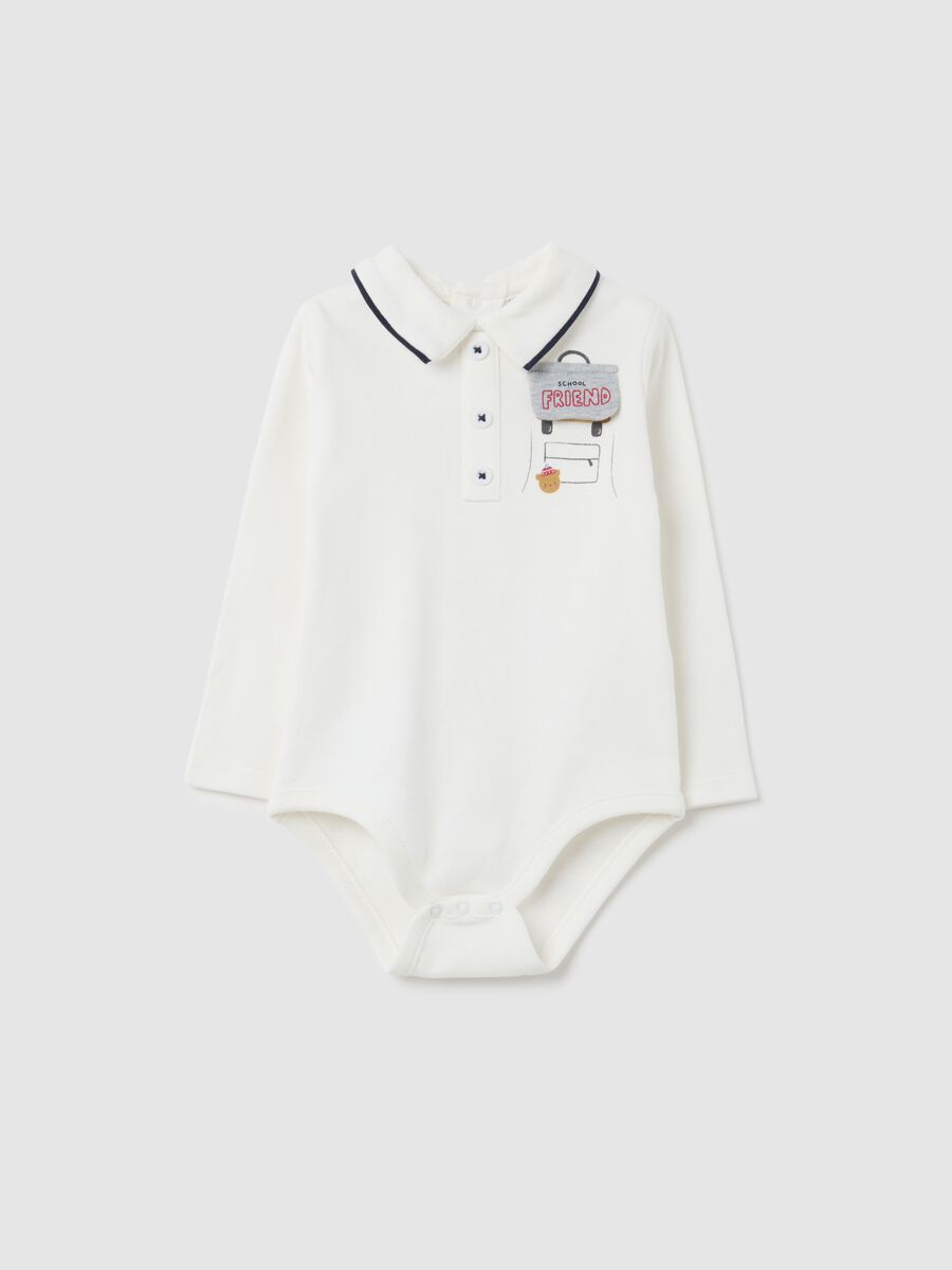 Unisex bodysuit for babies in pure white cotton with collar_0