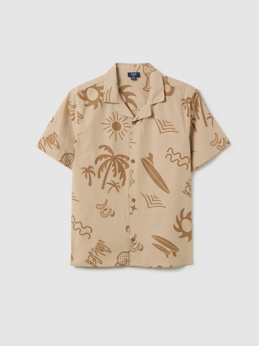 Boys' pure cotton beige oversized shirt with bowling collar_0