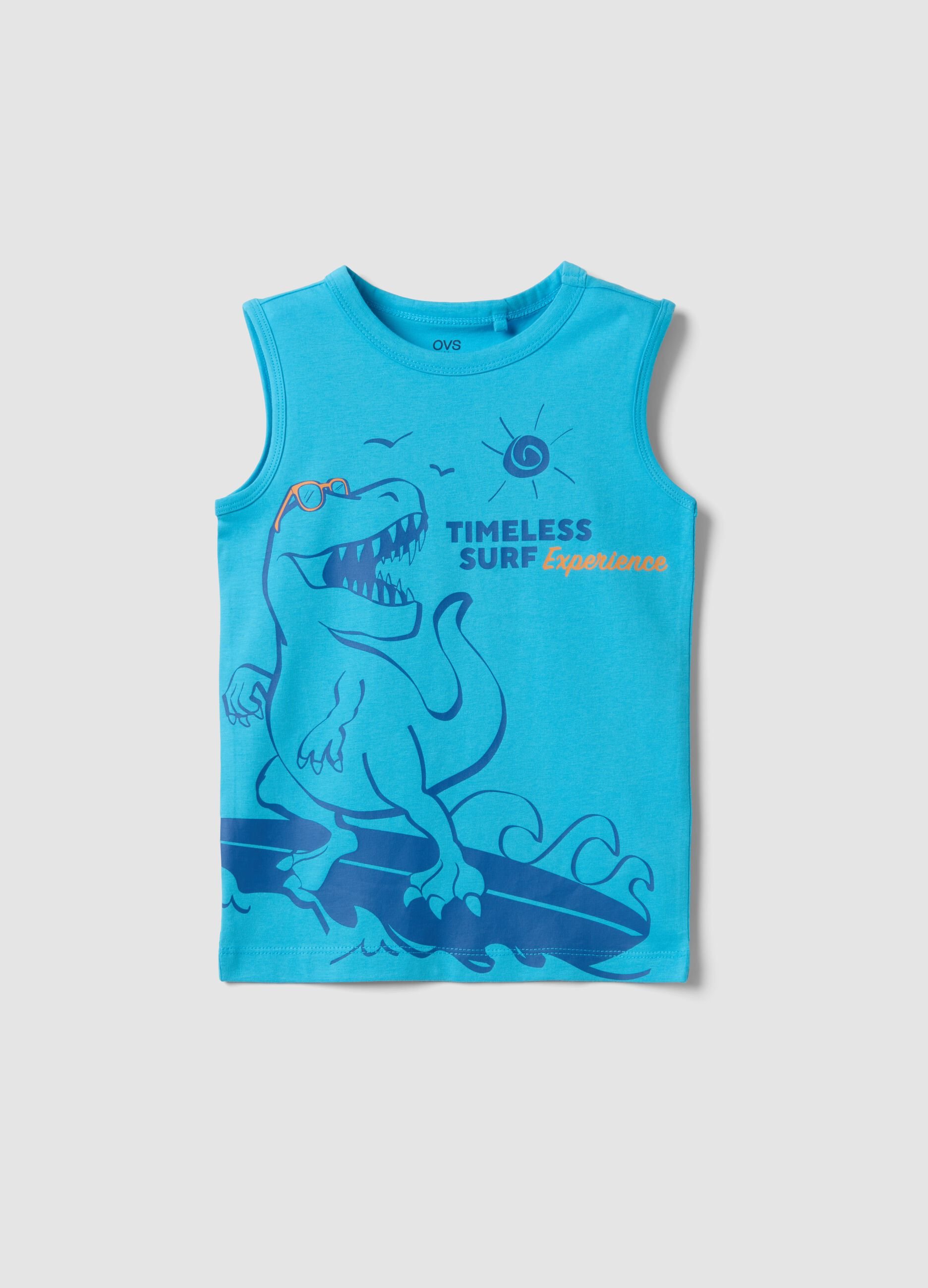 Blue pure cotton vest top with dinosaur print