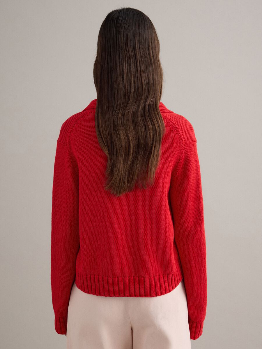 Regular Fit Red Cotton Cardigan with Polo Collar_2