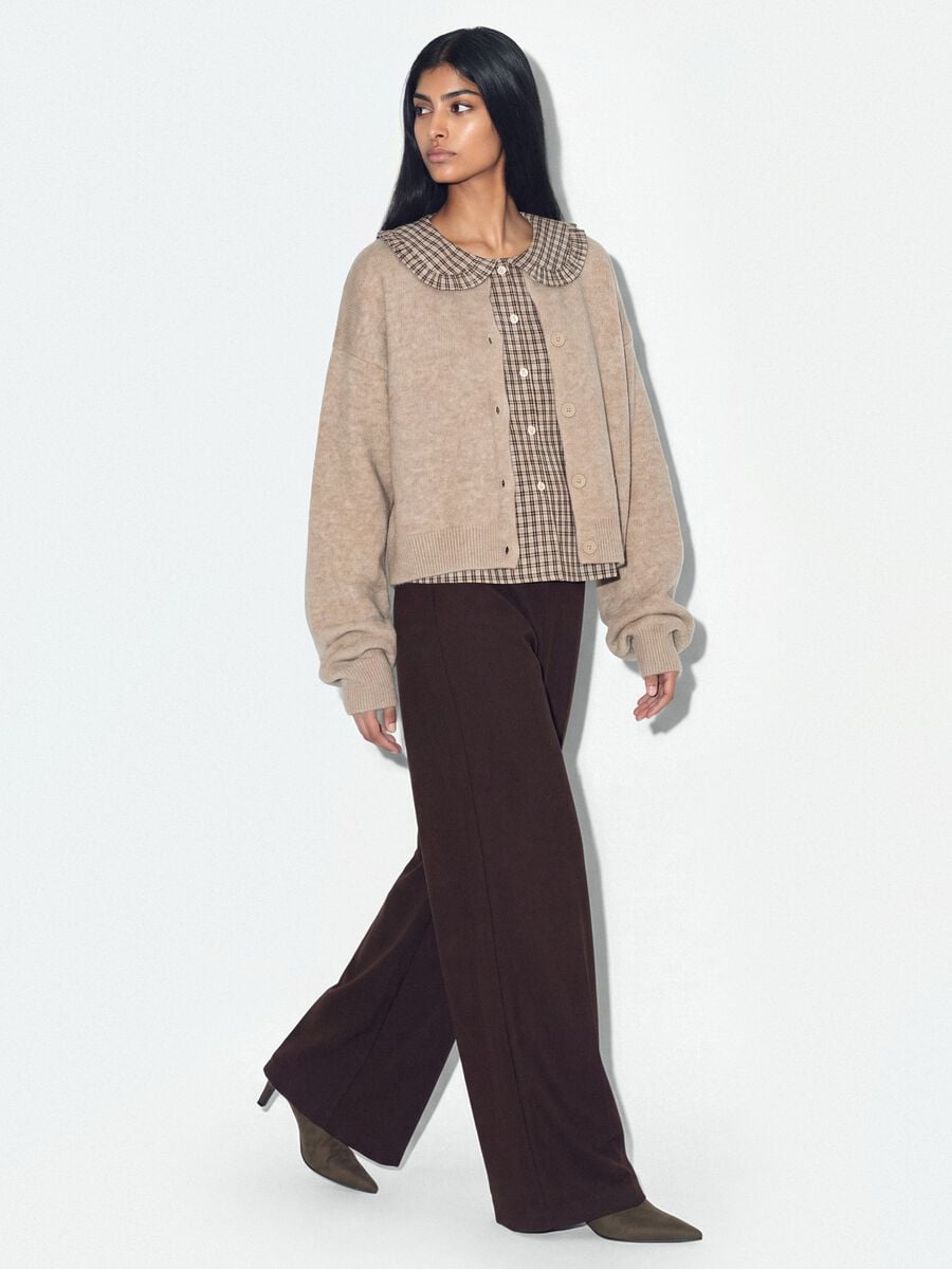 Beige stretch-fabric crew-neck cardigan with oversized fit_1
