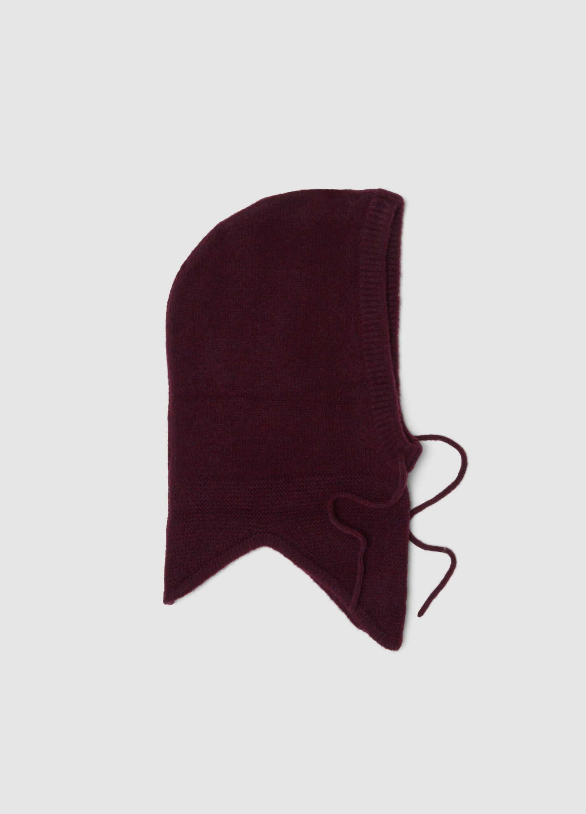 Burgundy stretch wool hood with tie cords