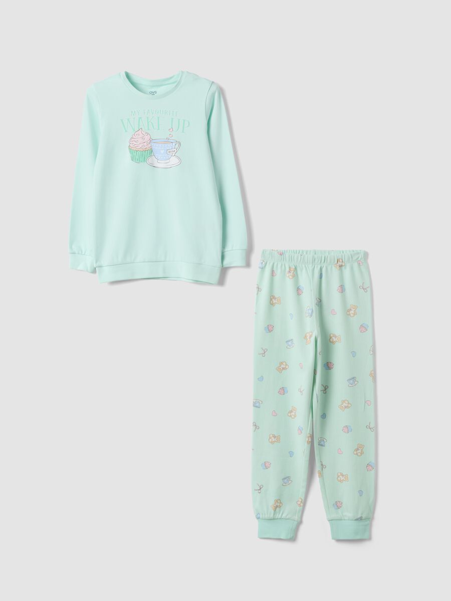 Green organic cotton pyjamas with crew neck and print for girls_0
