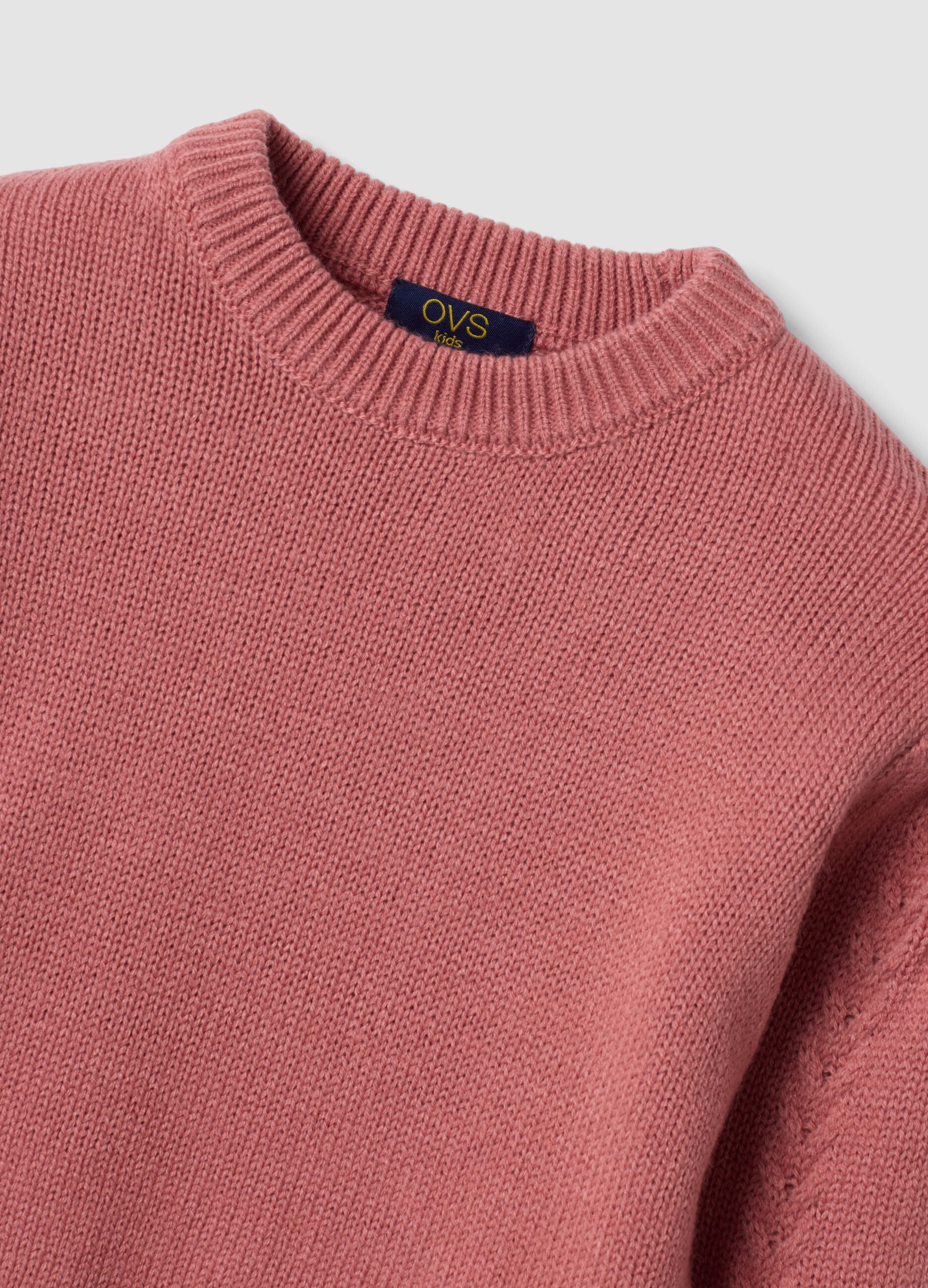 Dusty pink crew-neck top with puff sleeves, regular fit
