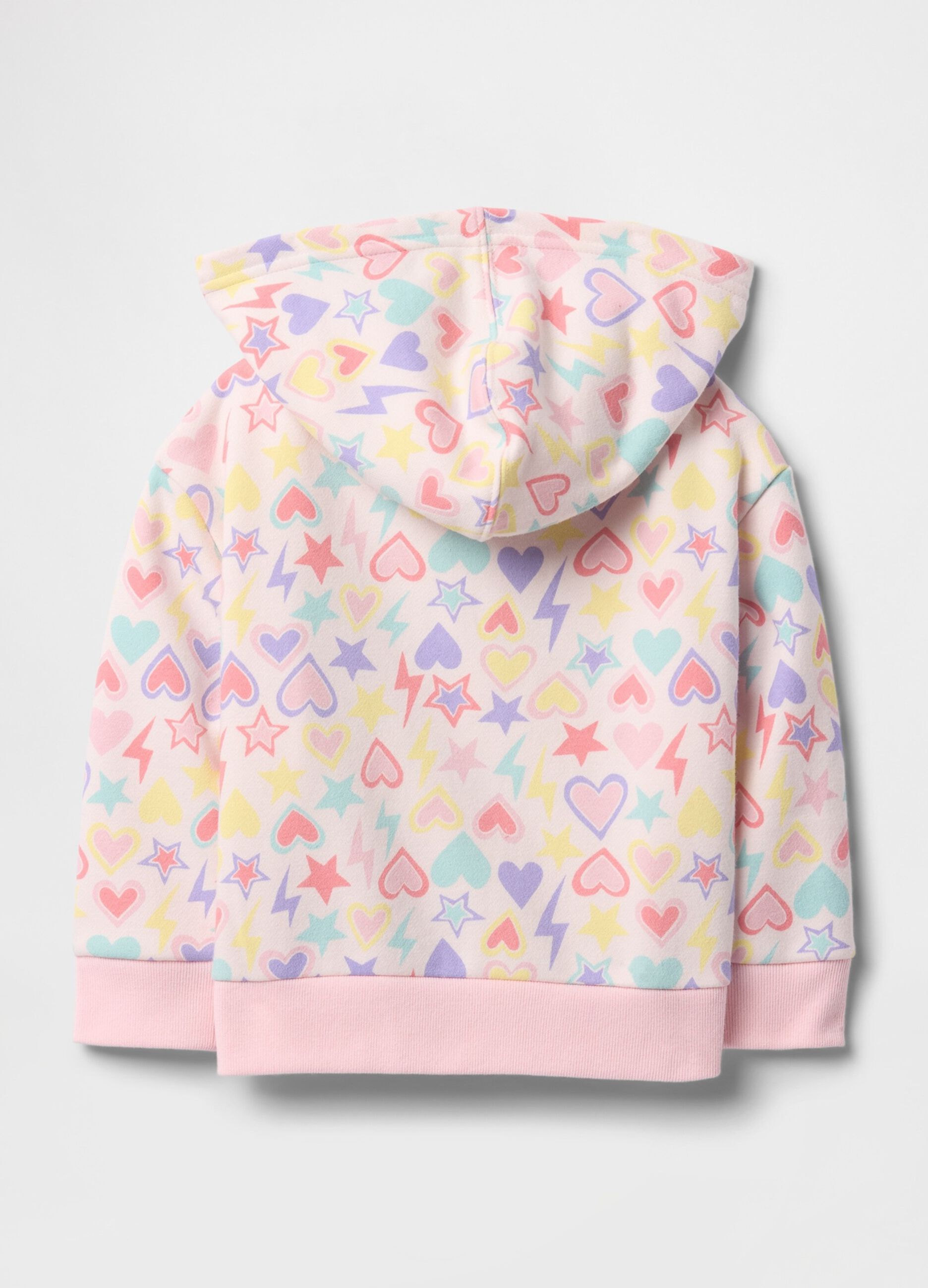 Pink full-zip sweatshirt with hood, hearts and stars print and logo embroidery